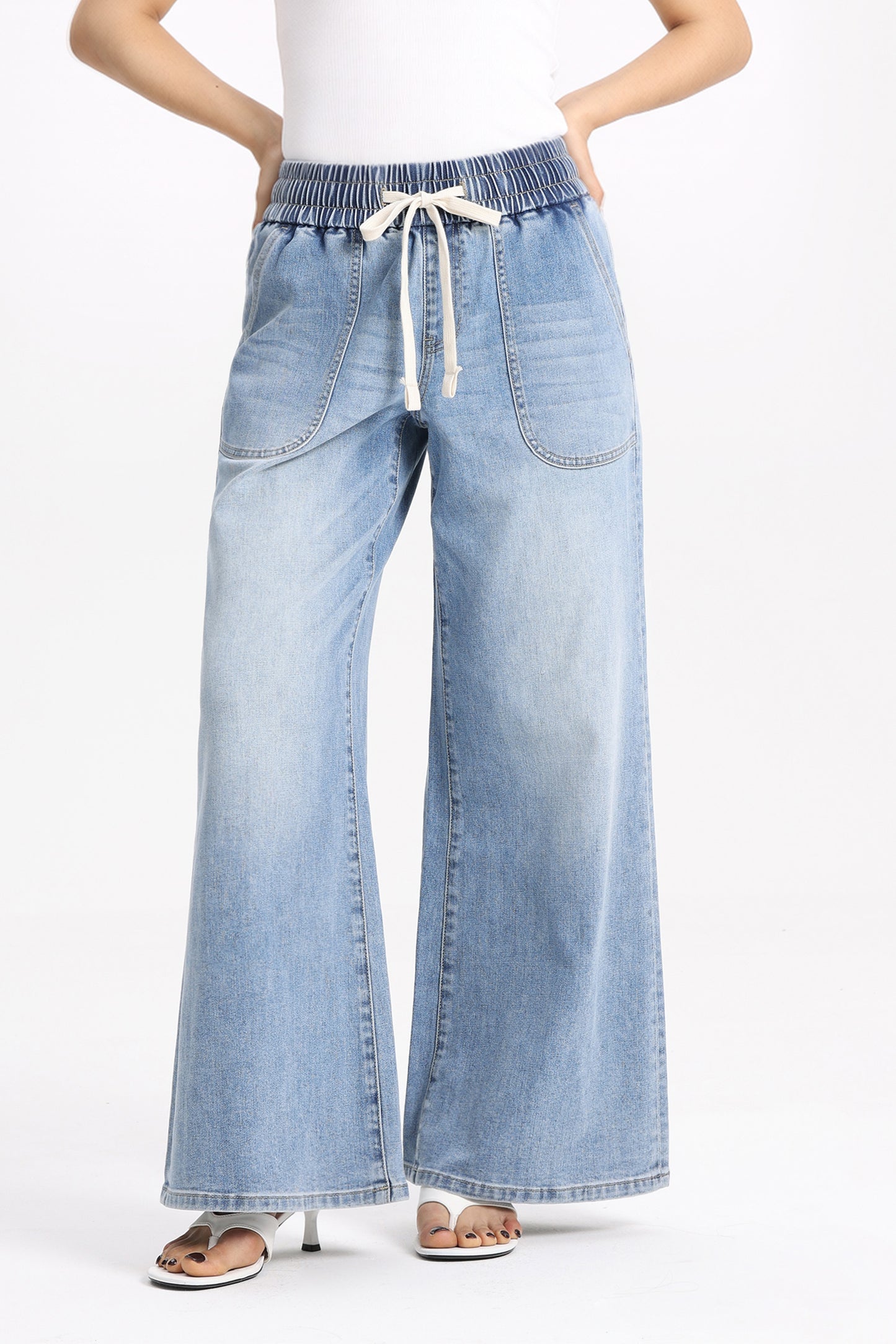 High Rise Drawstring Wide Leg Denim Jeans OSGG001