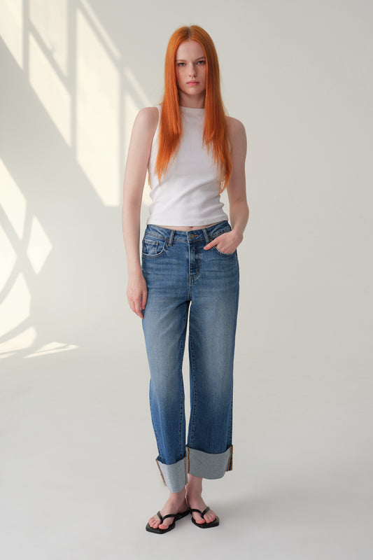 Mid High Rise Cuffed Wide Leg Cropped Jeans ESFW630820