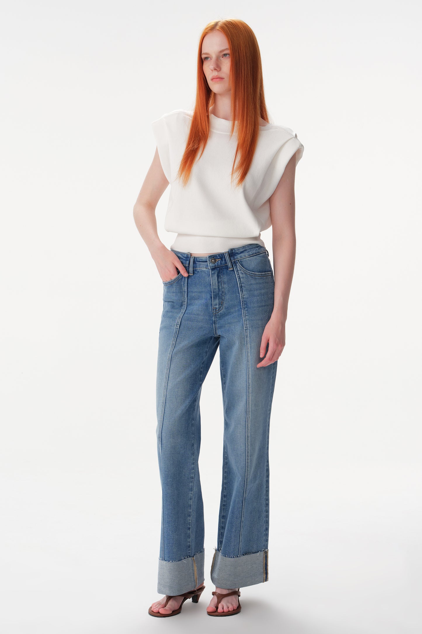 Mid High Rise Cuffed Wide Leg Ankle Jeans ESFW640835
