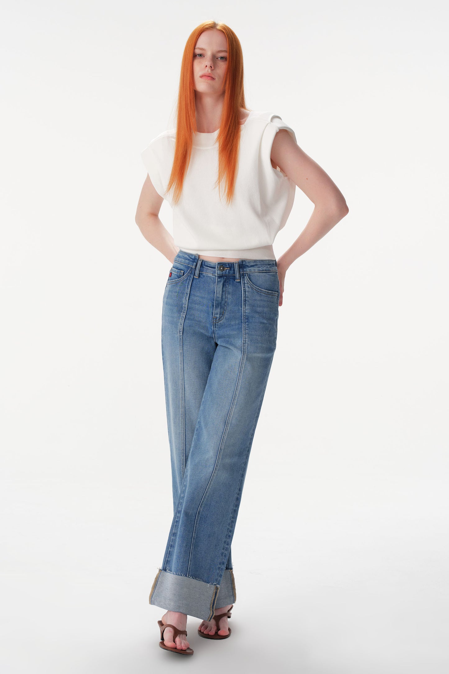 Mid High Rise Cuffed Wide Leg Ankle Jeans ESFW640835