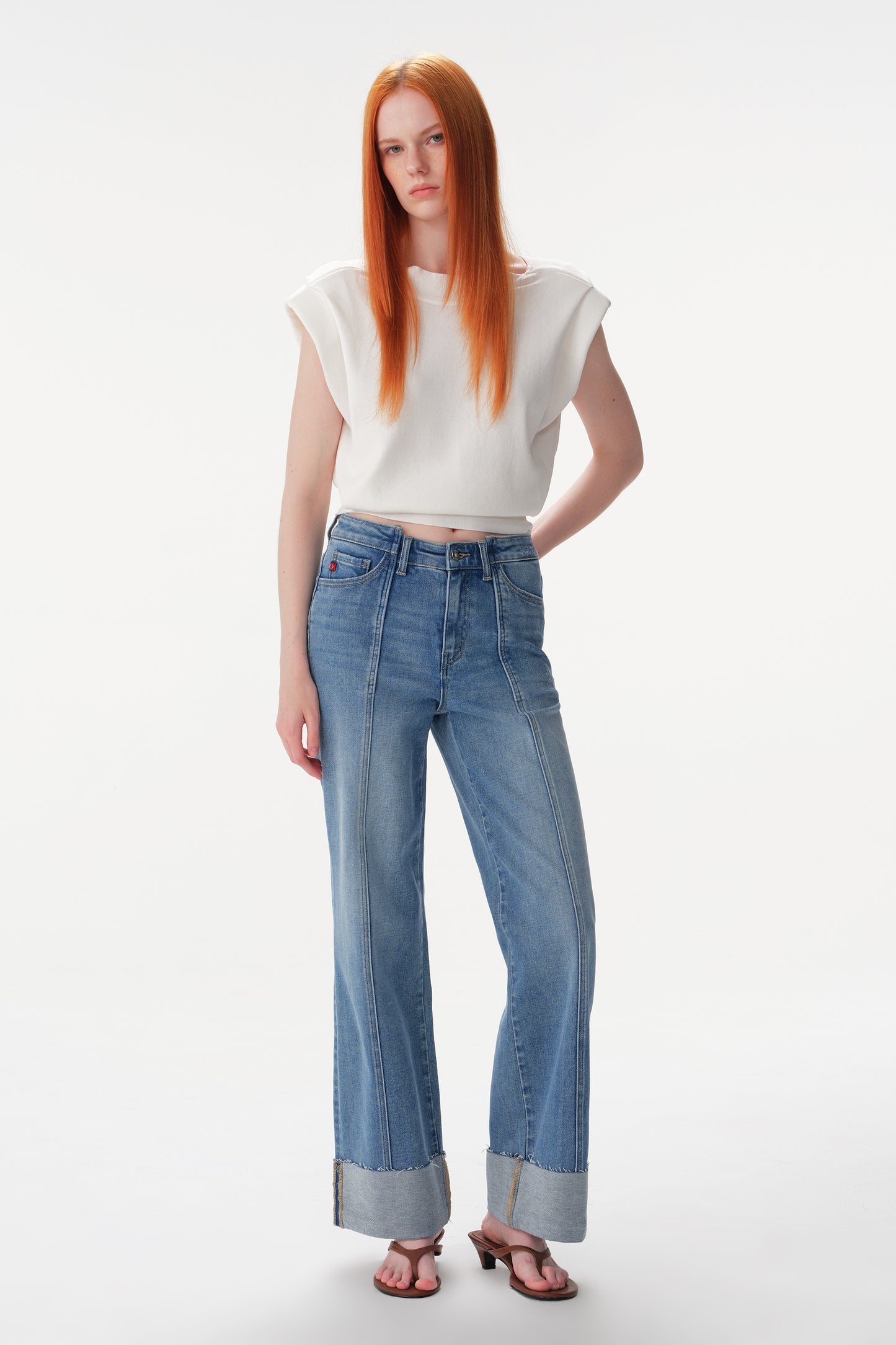 Mid High Rise Cuffed Wide Leg Ankle Jeans ESFW640835
