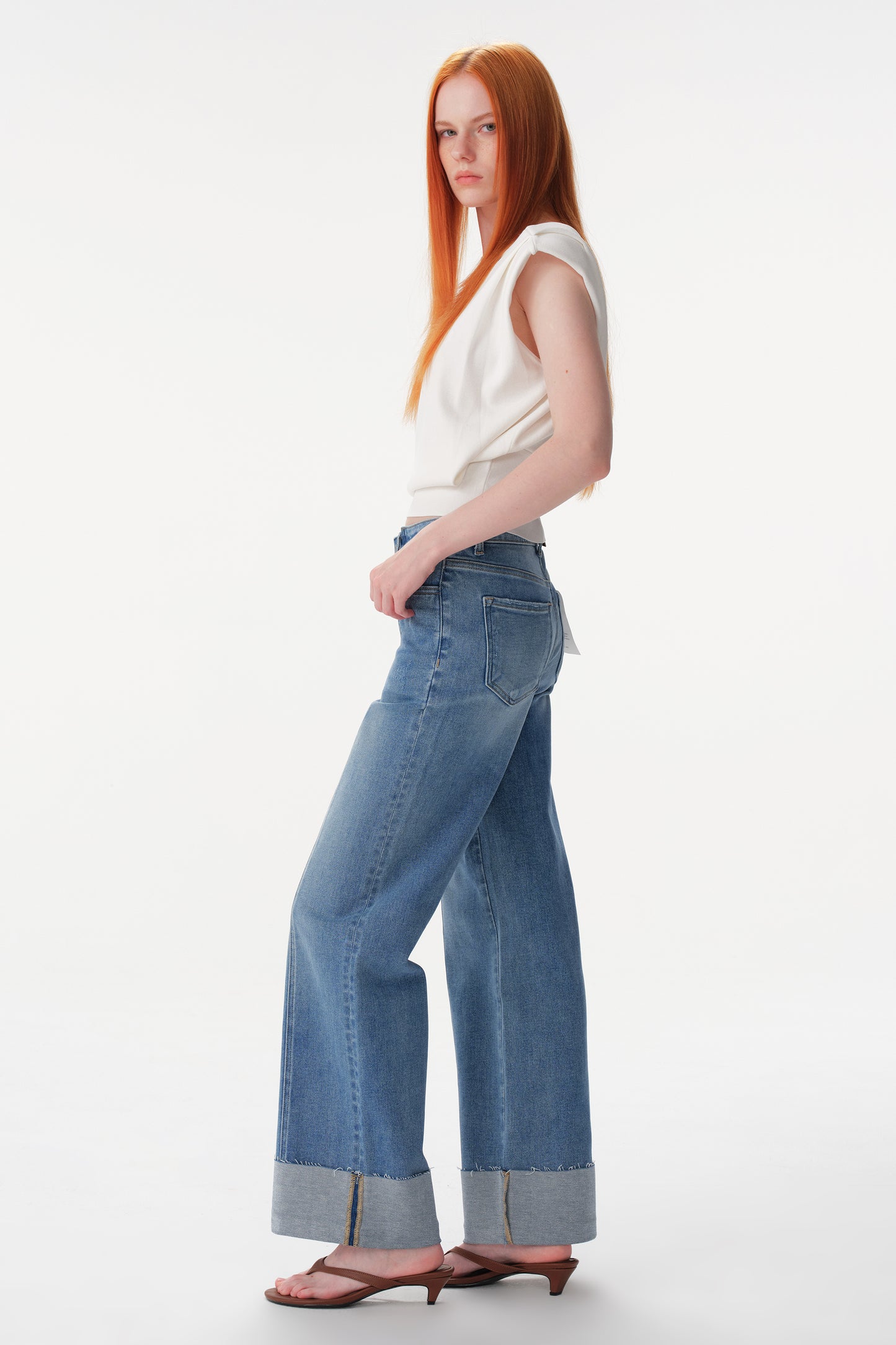 Mid High Rise Cuffed Wide Leg Ankle Jeans ESFW640835