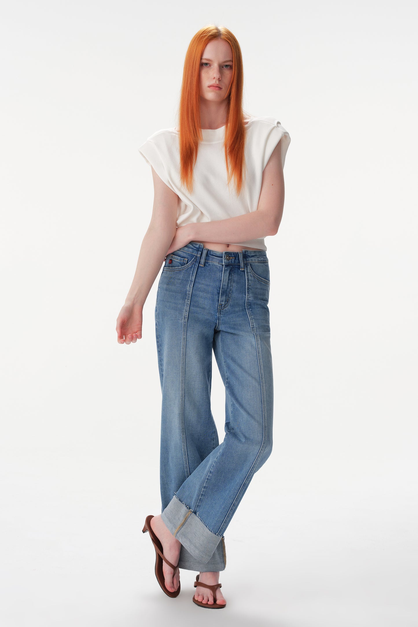 Mid High Rise Cuffed Wide Leg Ankle Jeans ESFW640835