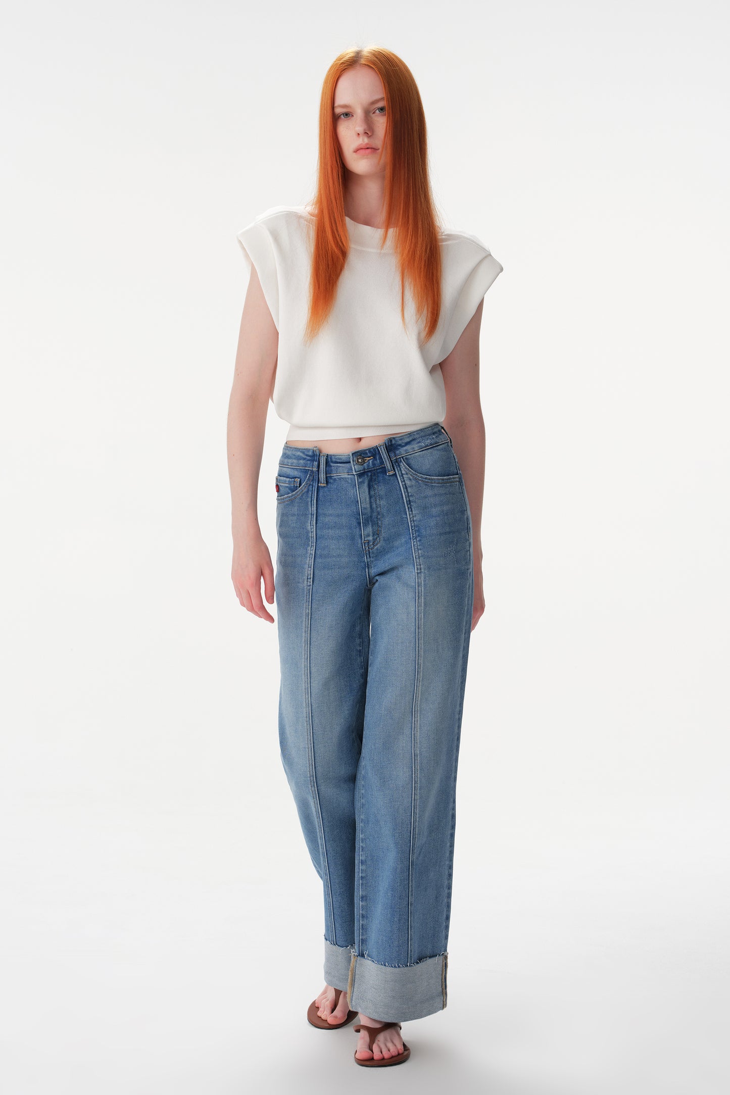 Mid High Rise Cuffed Wide Leg Ankle Jeans ESFW640835