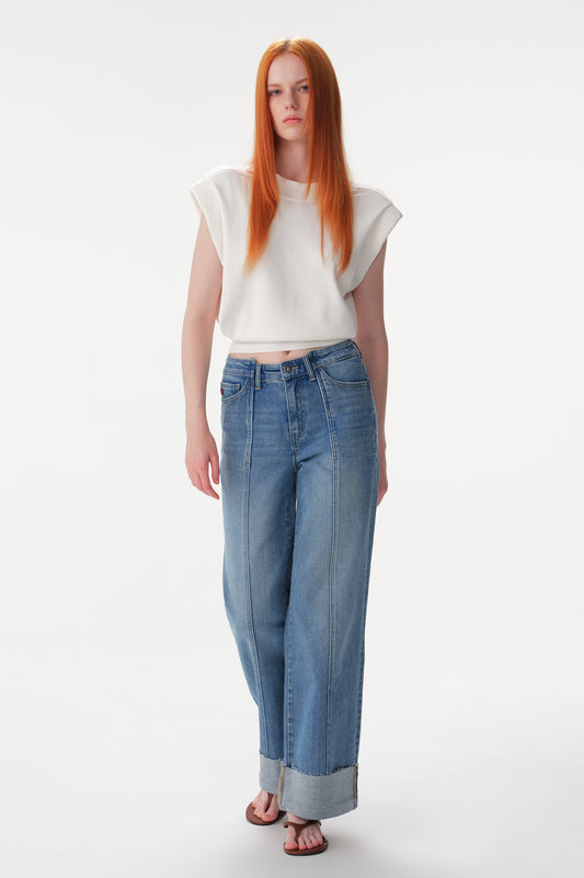 Mid High Rise Cuffed Wide Leg Ankle Jeans ESFW640835