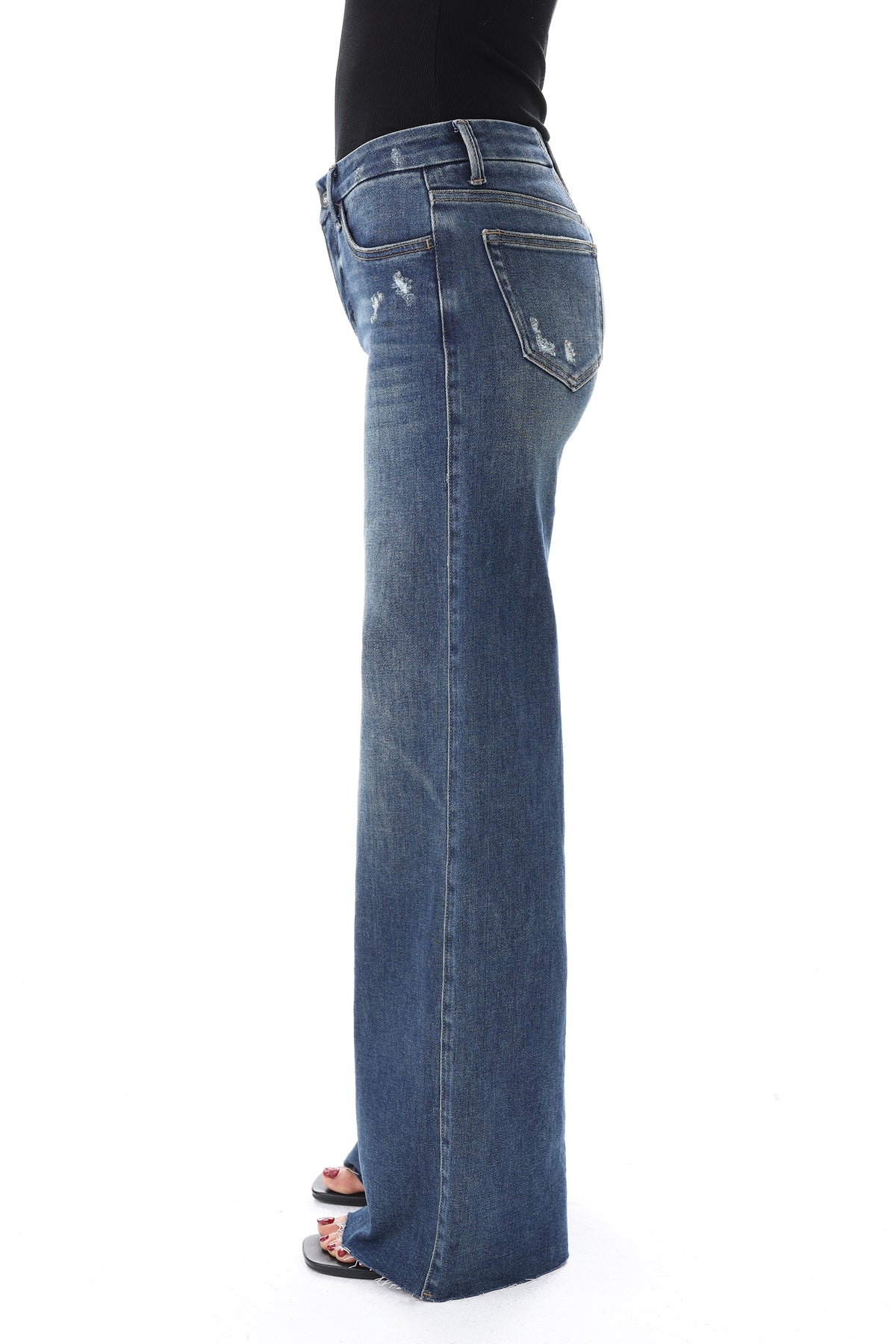 Mid Rise Wide Leg Jeans Raw Hem Vintage Denim OSW8019