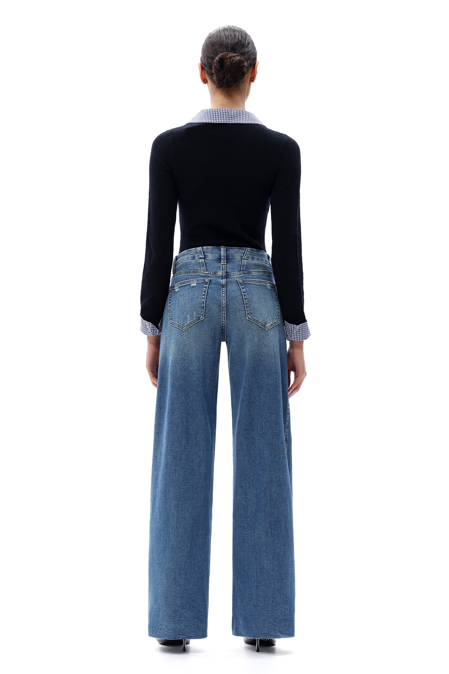 Mid Rise Wide Leg Jeans Raw Hem Vintage Denim OSW8019