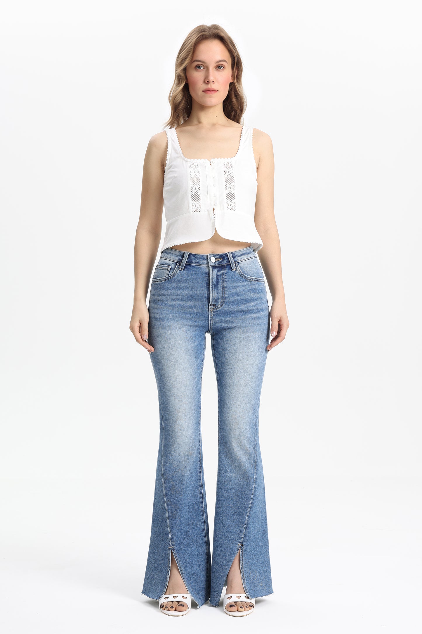 High Rise Flare Jeans with Split Raw-Edge Cuffs OSF1100