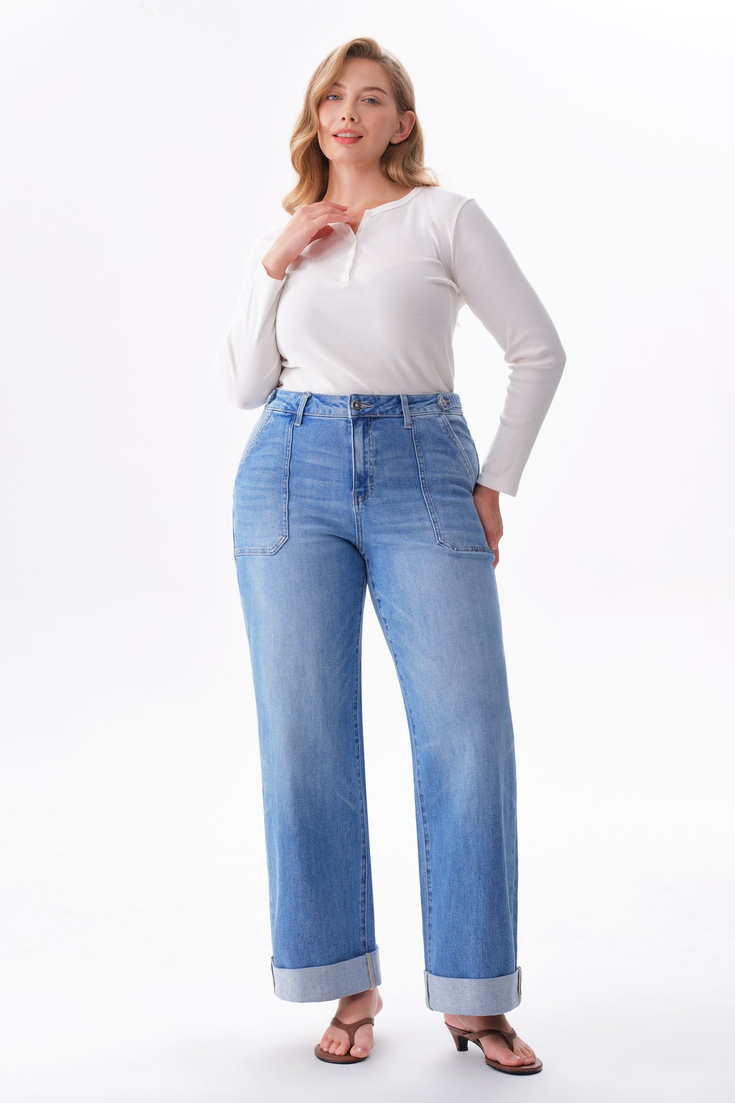 Plus Mid High Rise Cuffed Baggy Wide Leg Full Jeans ESFW620839-P