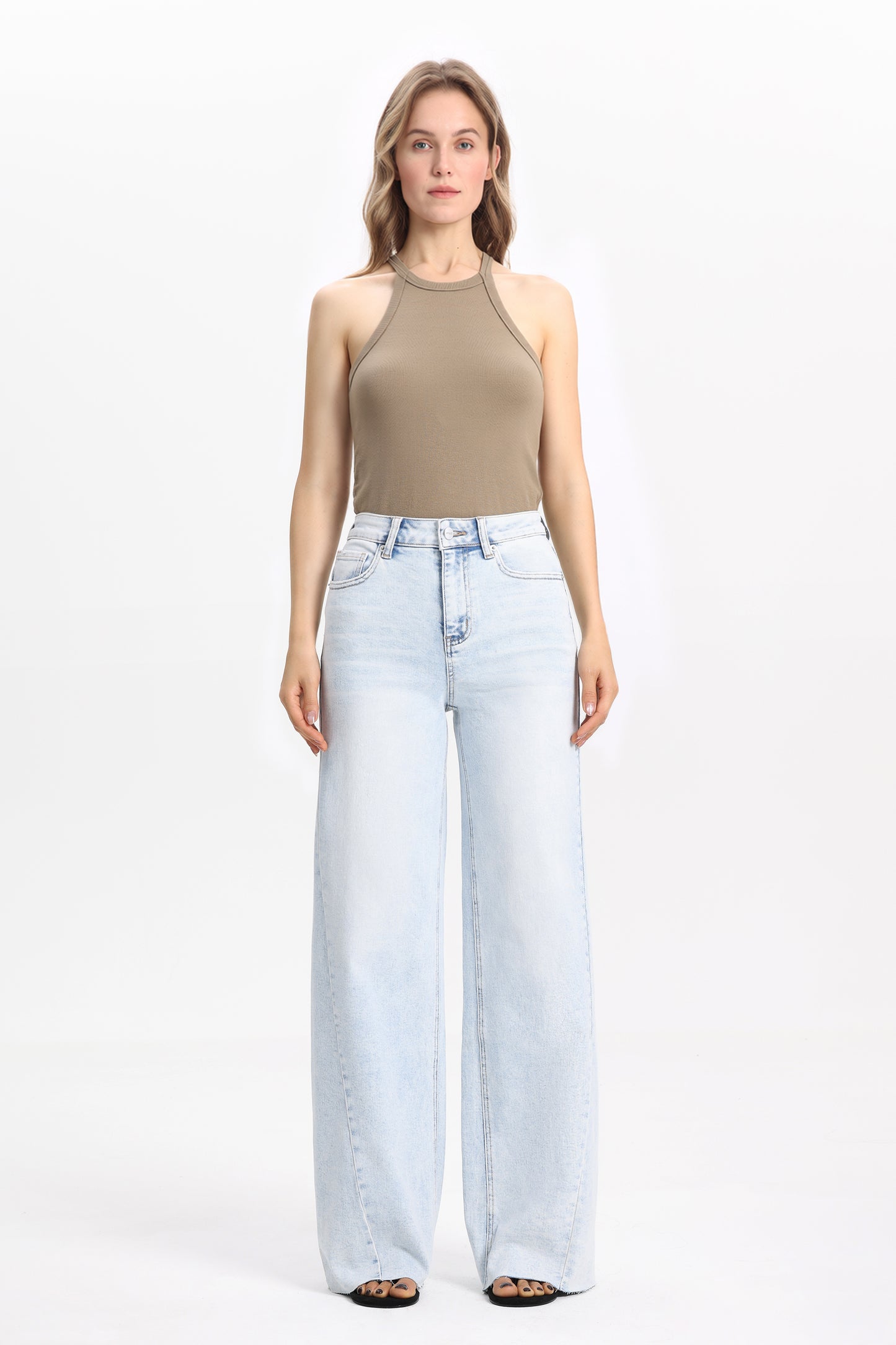 Flattering Soft Faded Wash High Rise Wide Leg Denim Jeans OSW8185