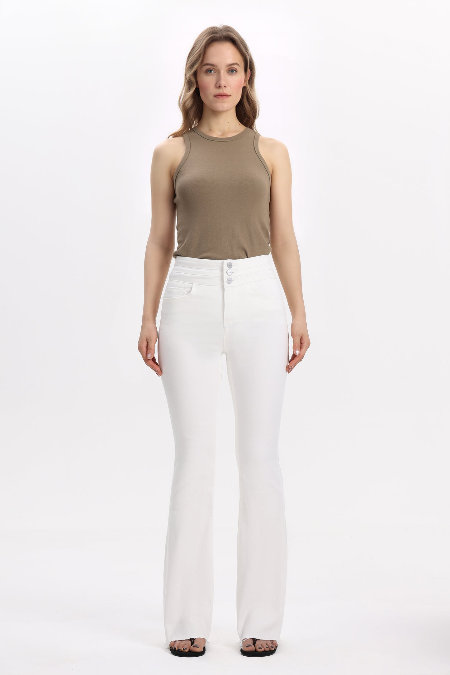 Button Fly High Waist Flare Bell Bottom Jeans OSF1078