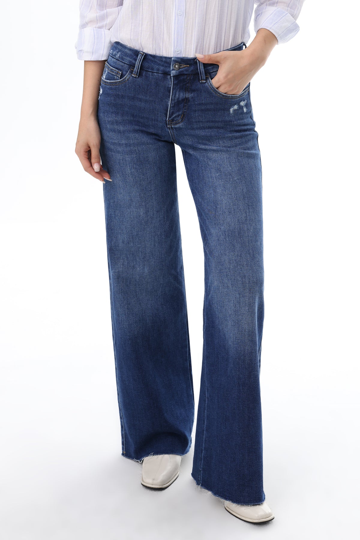Mid Rise Wide Leg Jeans Raw Hem Vintage Denim OSW8019