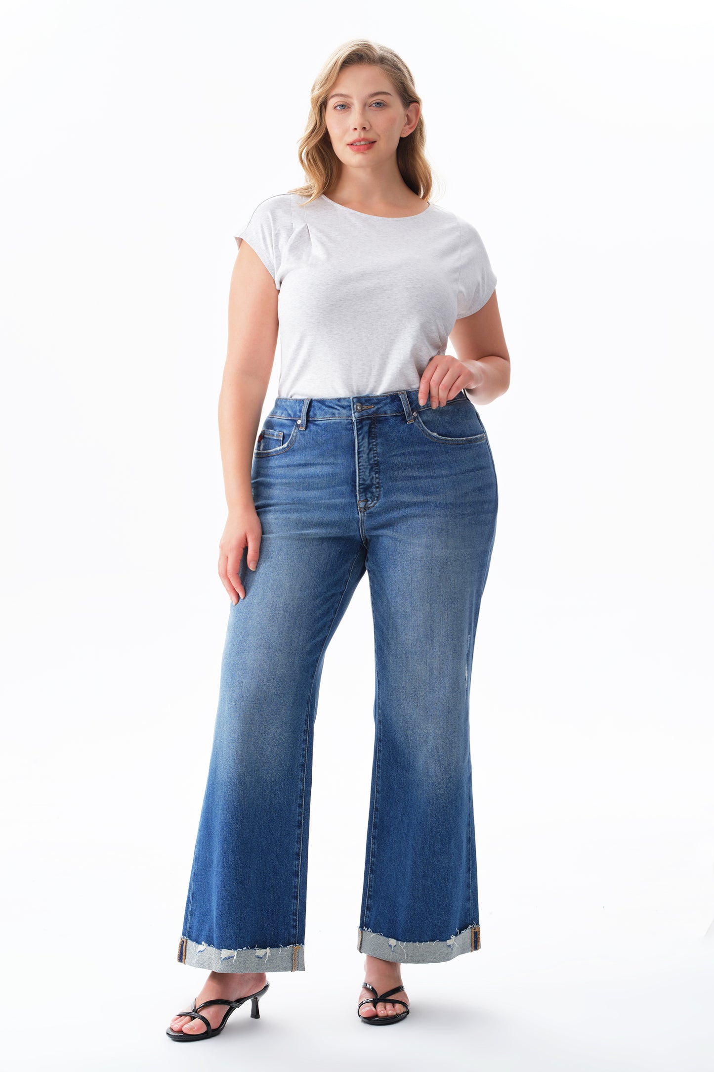 Plus Mid High Rise Cuffed Flared Wide Leg Ankle Jeans ESFW620803-P