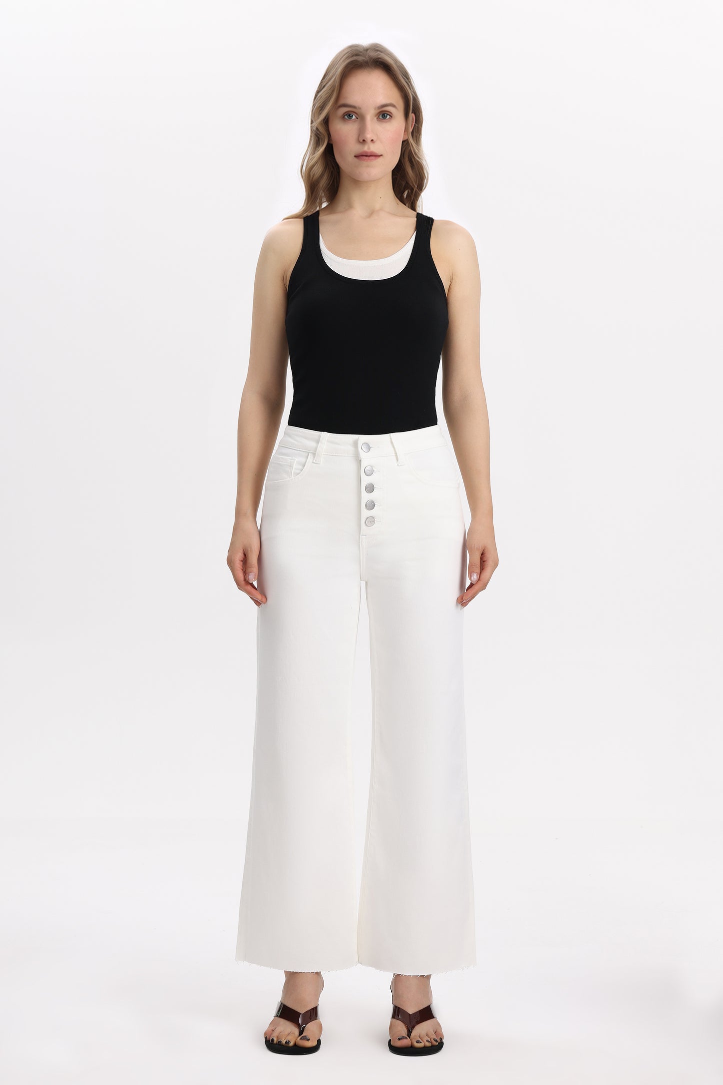Cropped High Rise Wide Leg Jeans with Button-Fly Raw Hem OSN003