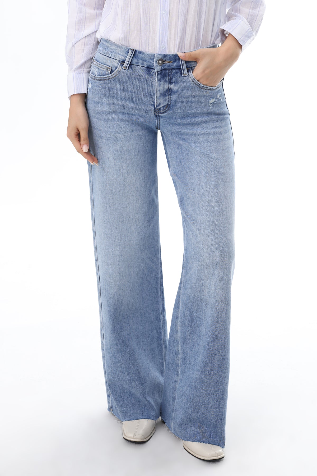 Mid Rise Wide Leg Jeans Raw Hem Vintage Denim OSW8019