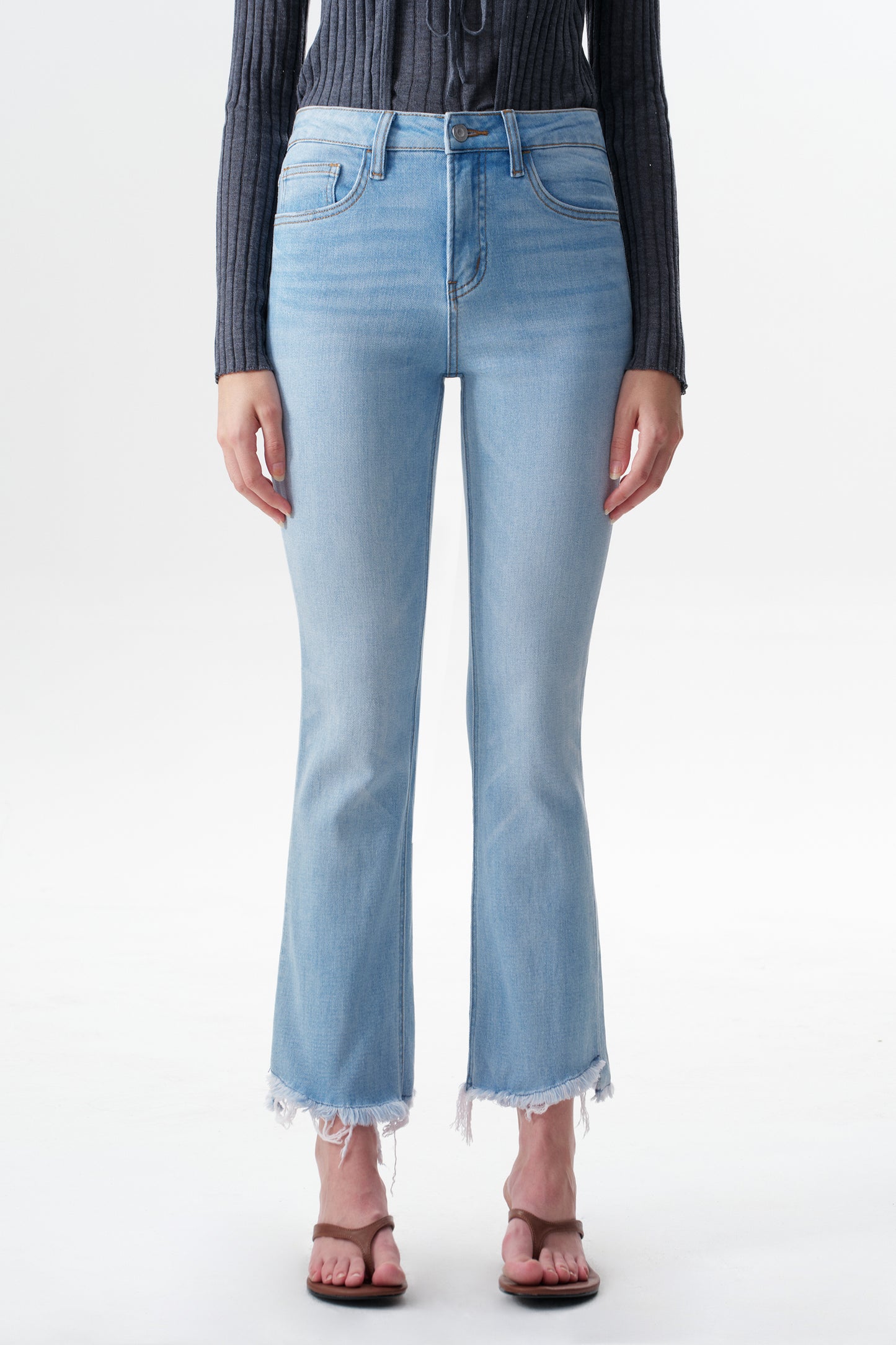 Mid Rise Raw Frayed Hem Ankle Bootcut Jeans OSF1142