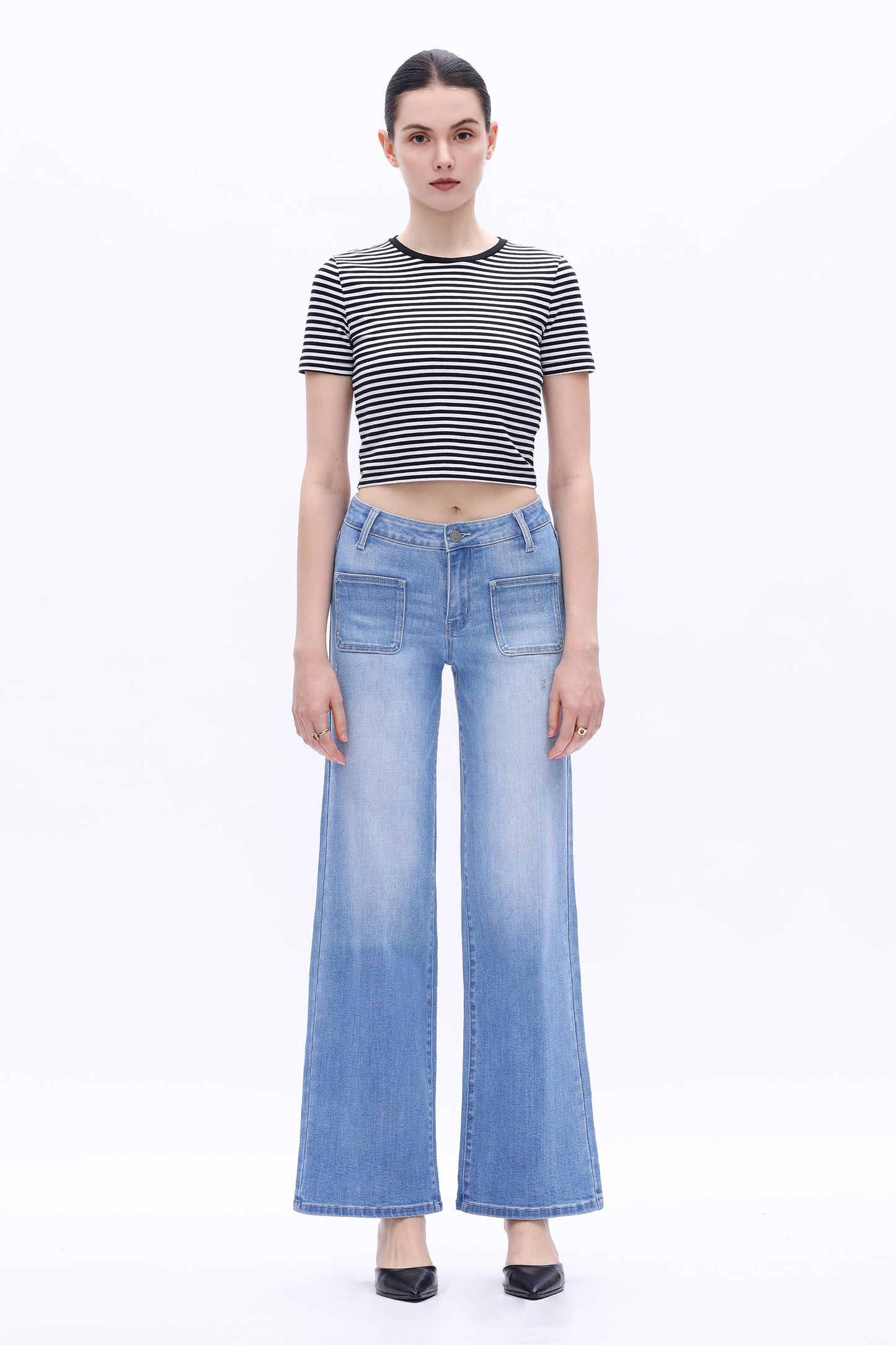 Mid Rise Wide Leg Front Patch Pockets Denim Jeans OSW8018