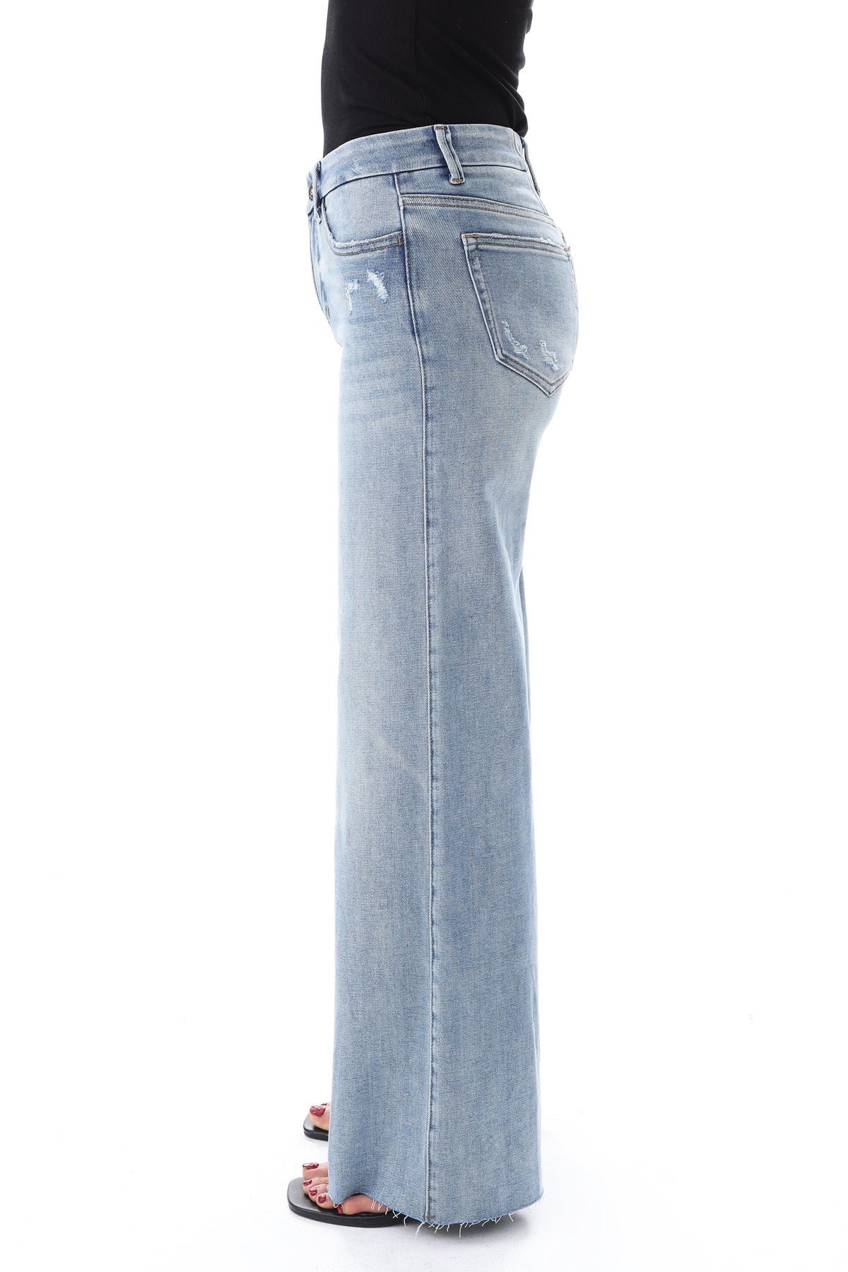 Mid Rise Wide Leg Jeans Raw Hem Vintage Denim OSW8019