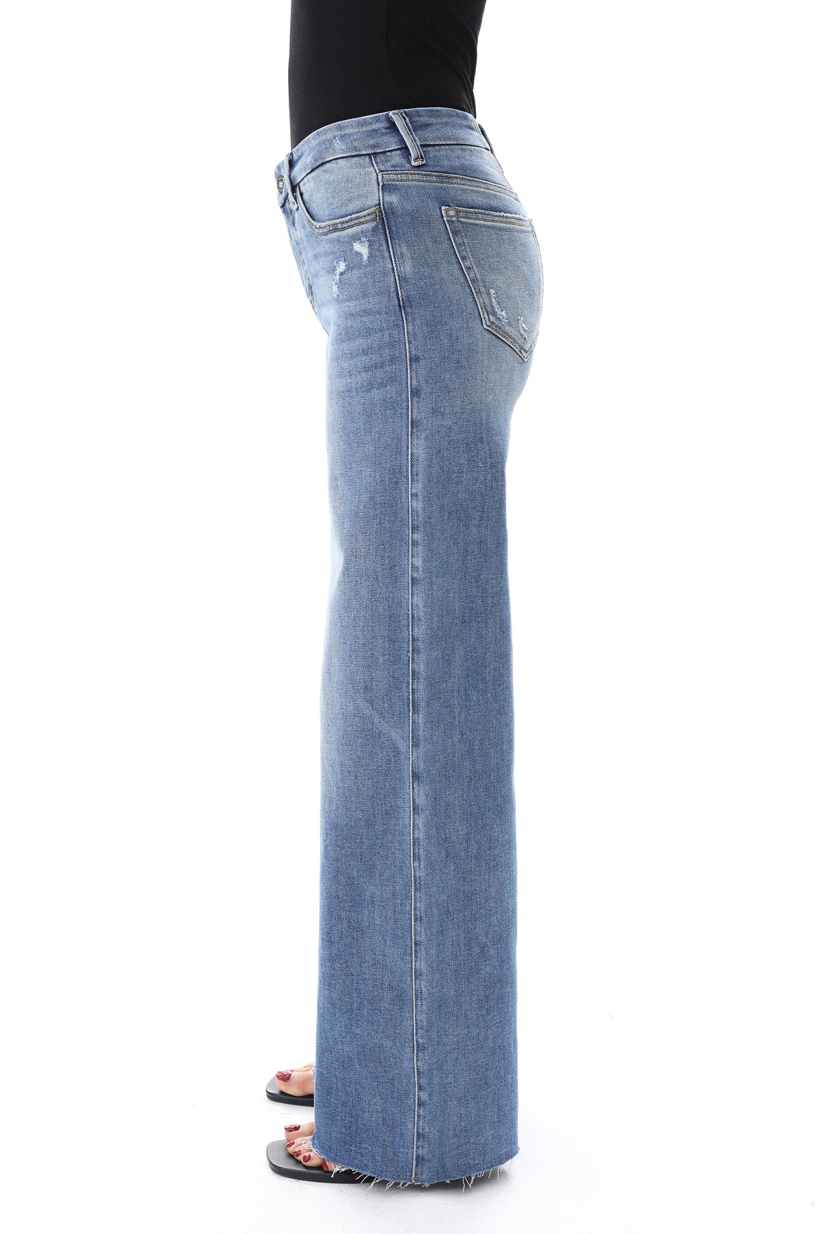 Mid Rise Wide Leg Jeans Raw Hem Vintage Denim OSW8019
