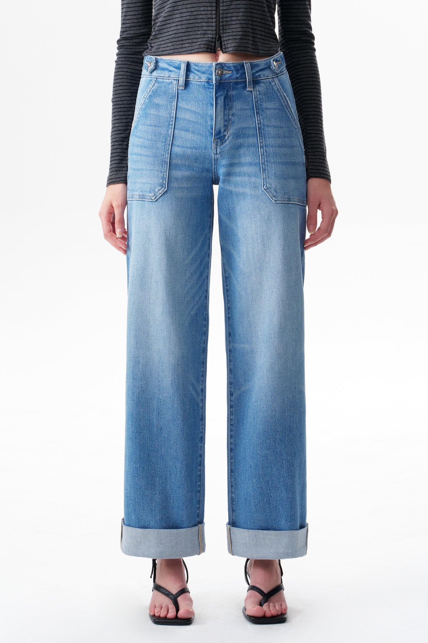 Mid High Rise Cuffed Baggy Wide Leg Full Jeans ESFW620839
