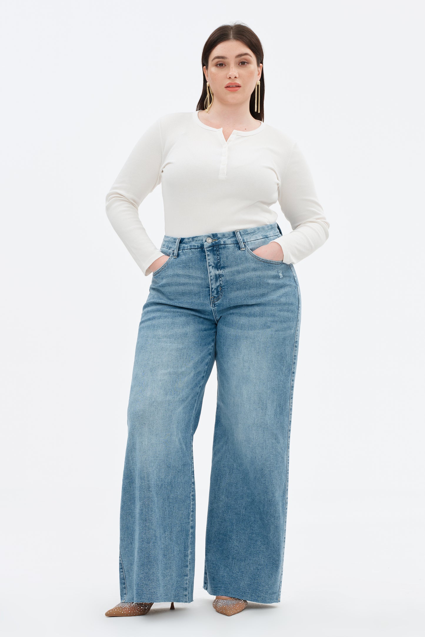 Plus Size Mid Rise Wide Leg Jeans Raw Hem Vintage OSW8019-P