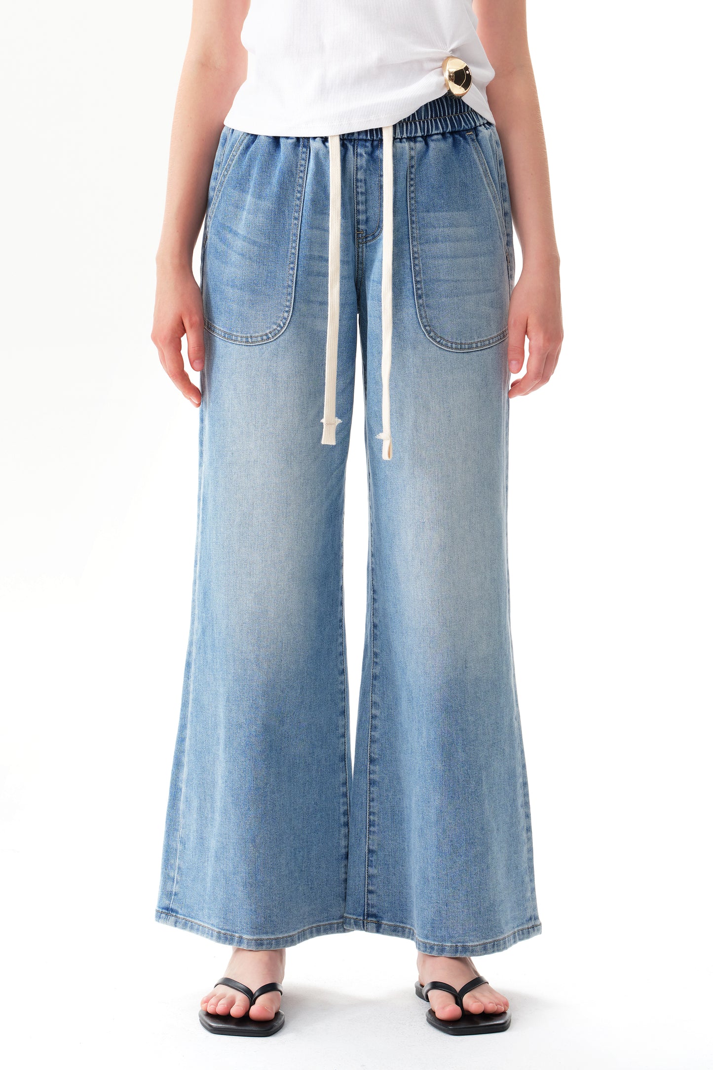 High Rise Drawstring Wide Leg Denim Jeans OSGG001