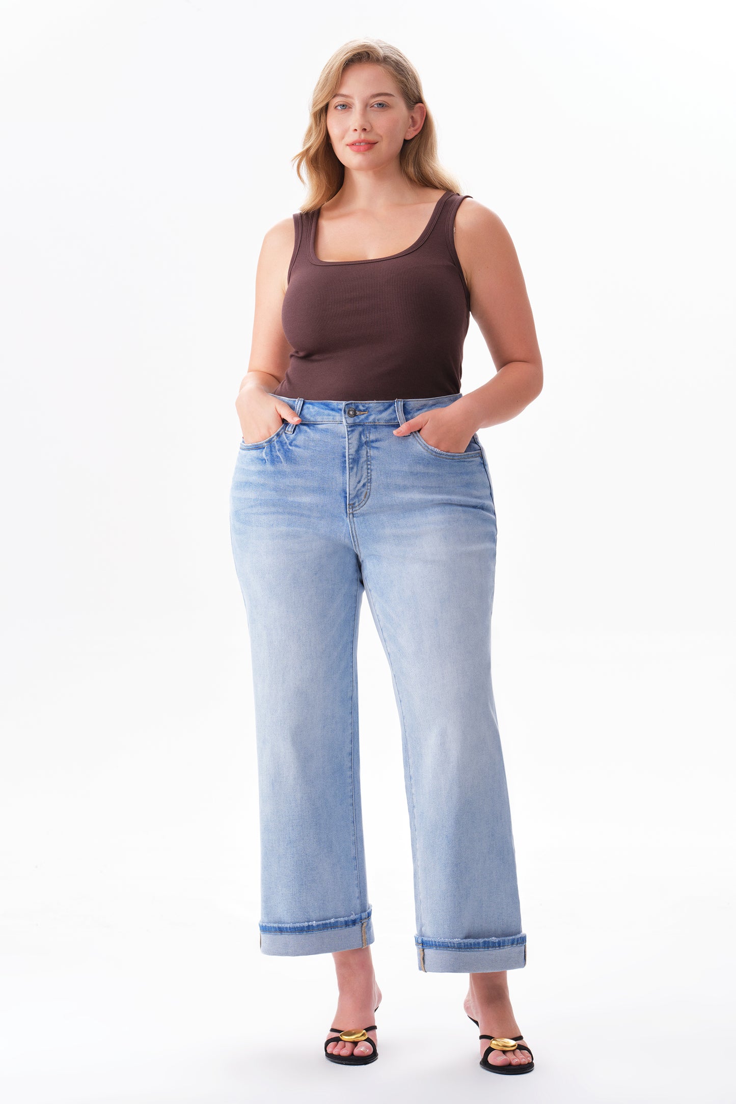 Plus High Rise Cuffed Wide Leg Cropped Jeans ESFW620802-P