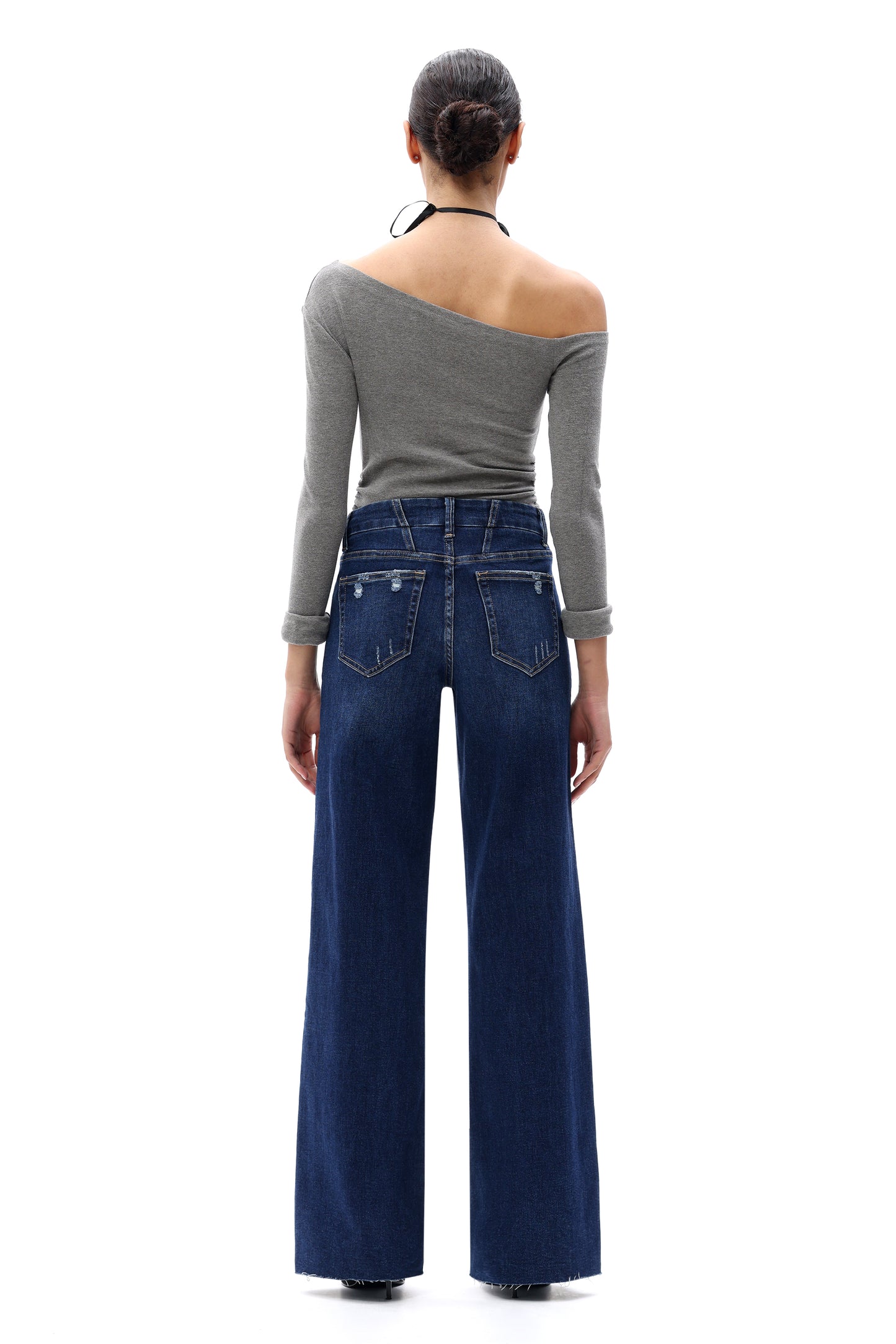 Mid Rise Wide Leg Jeans Raw Hem Vintage Denim OSW8019