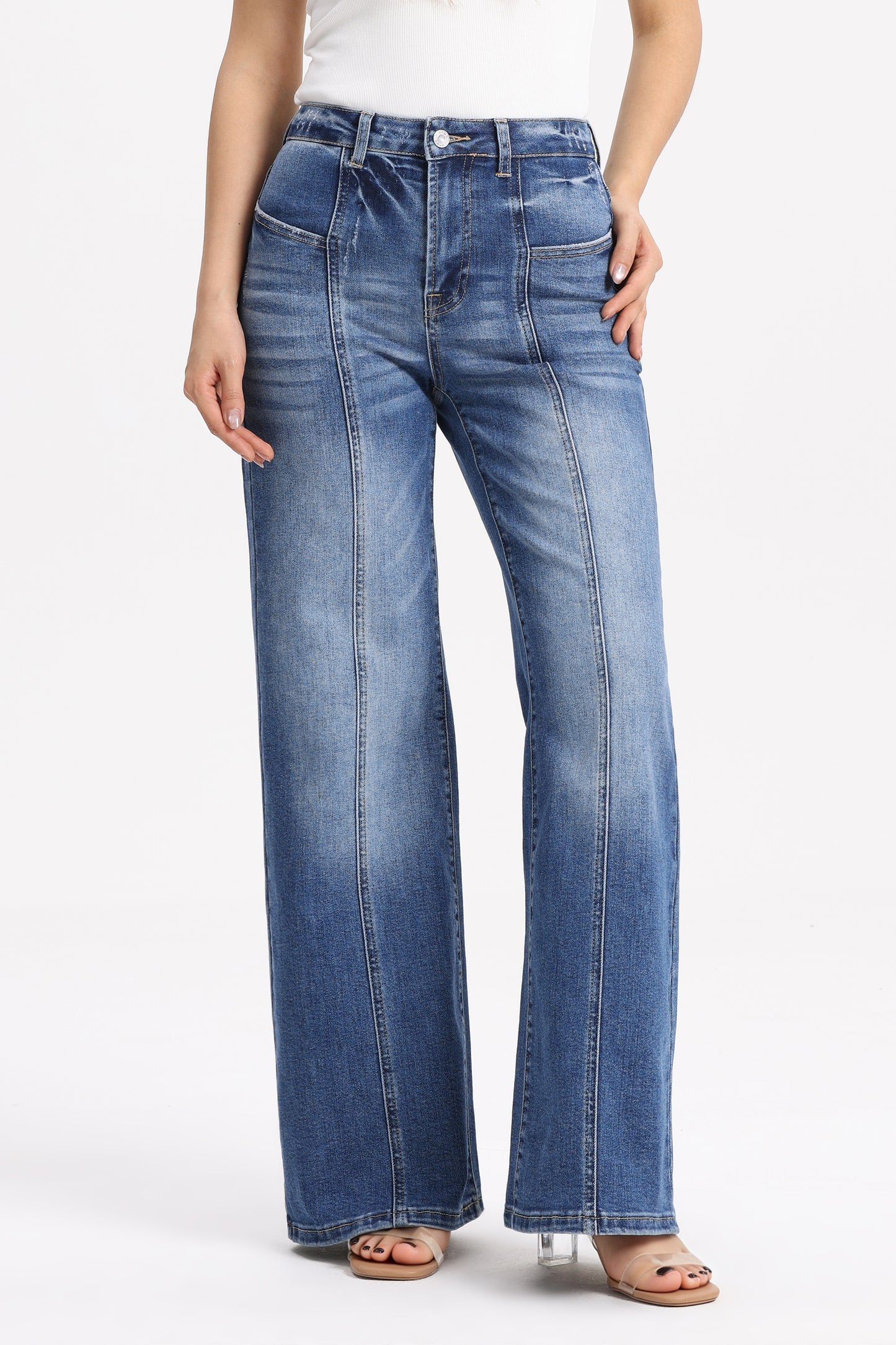 Distinctive Front Seam High Rise Wide Leg Jeans OSW8023EC