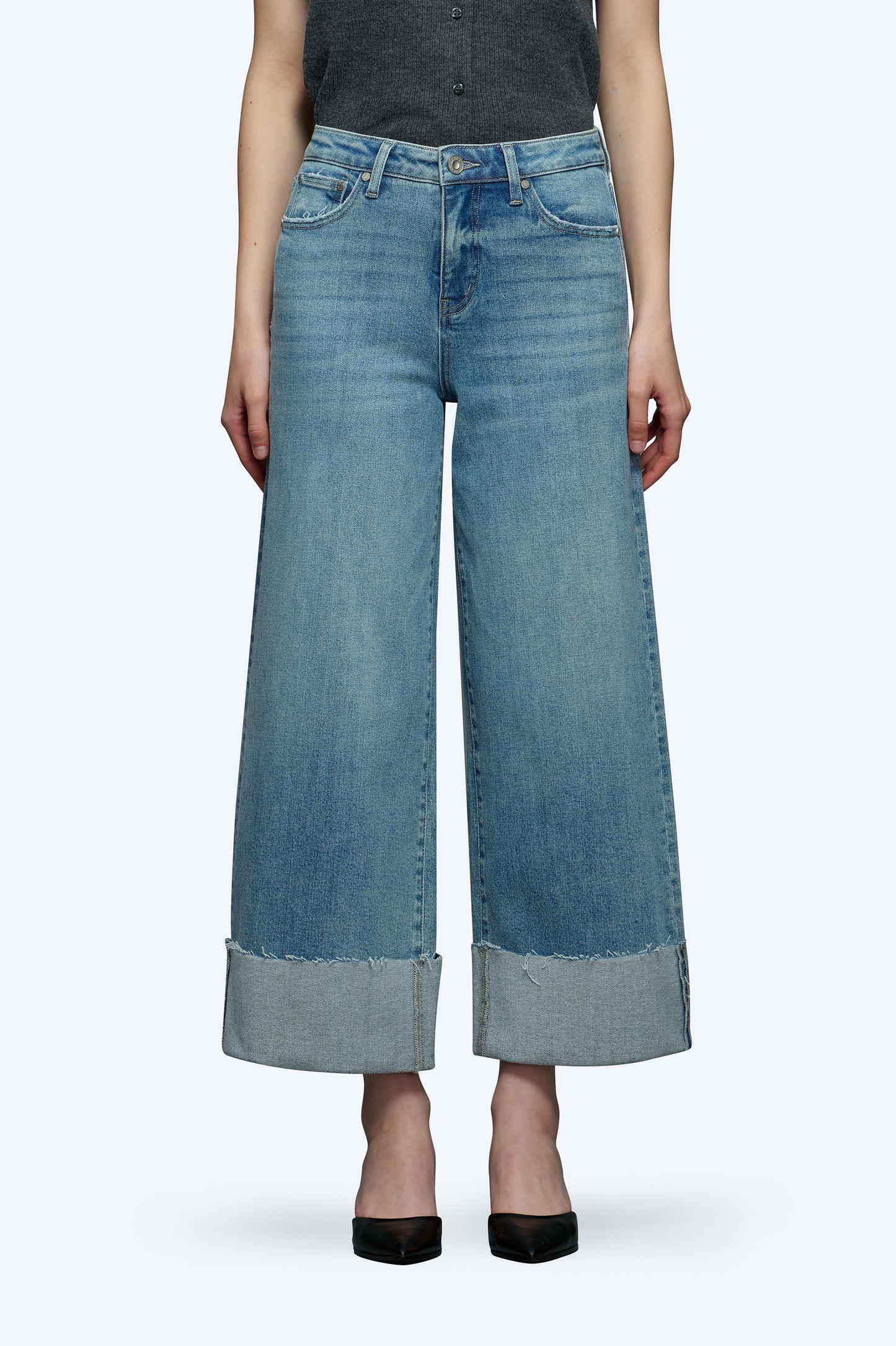 HIGH RISE ROLLED CUFF WIDE LEG DENIM JEANS OSW8009 BLUE