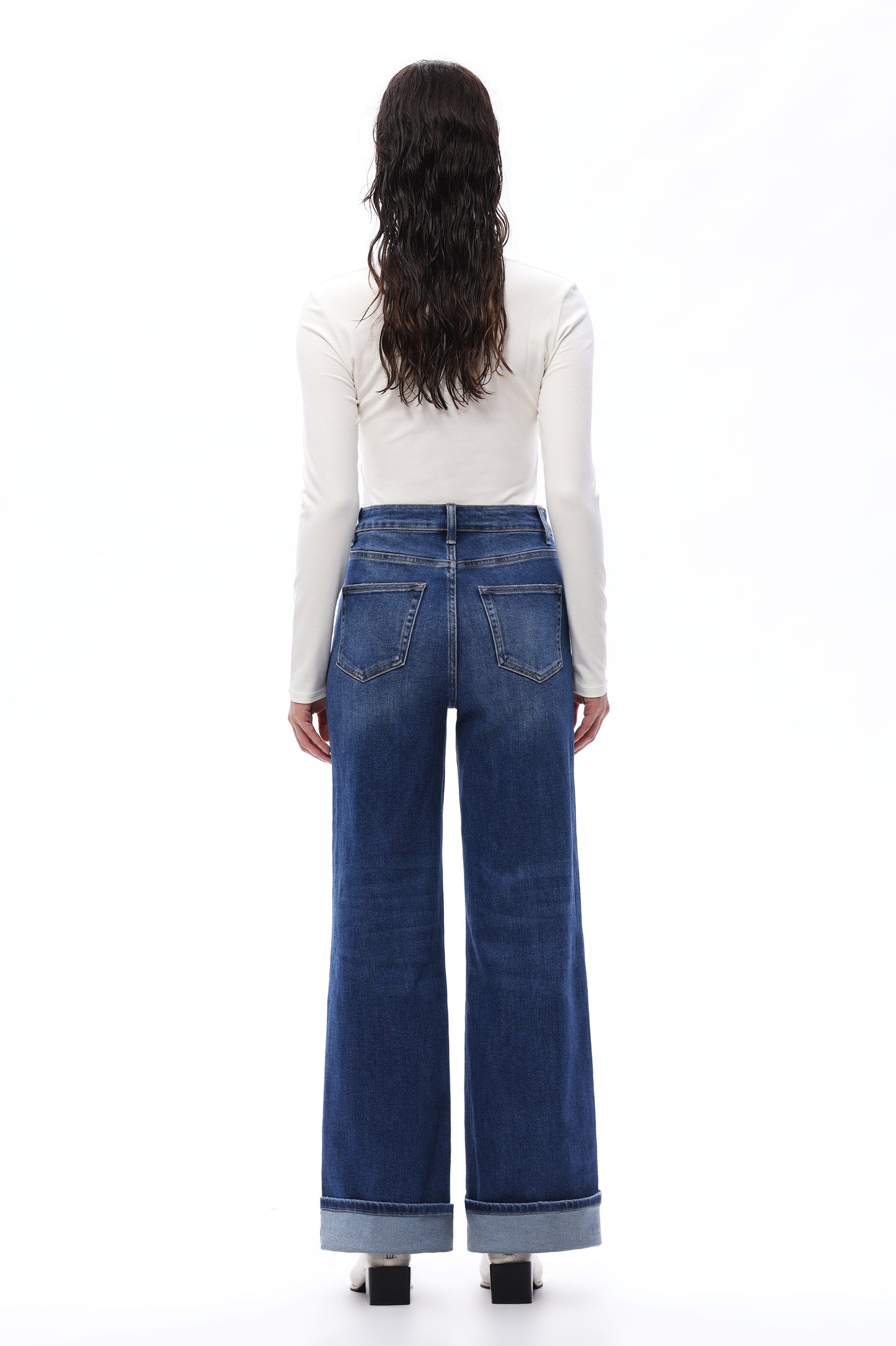 HIGH RISE ROLLED HEM WIDE LEG DENIM JEANS OSW8015 MEDIUM BLUE