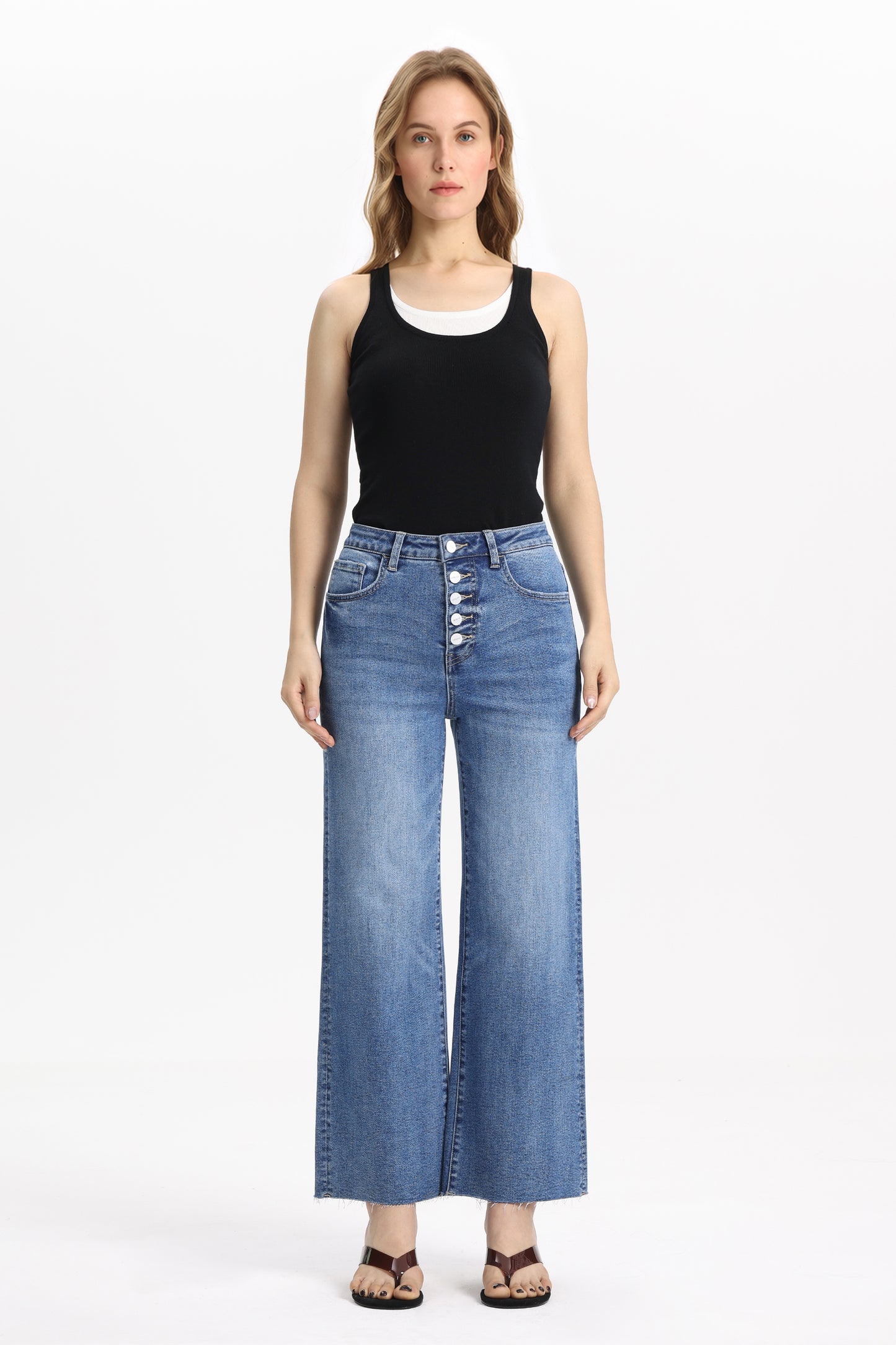 Cropped High Rise Wide Leg Jeans with Button-Fly Raw Hem OSN003