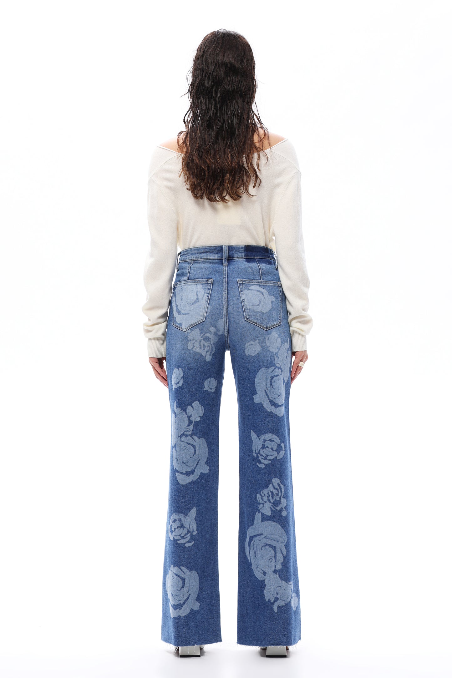SUPER HIGH RISE WIDE LEG DENIM JEANS WITH FLORAL PRINT OSW8101-2 MEDIUM BLUE