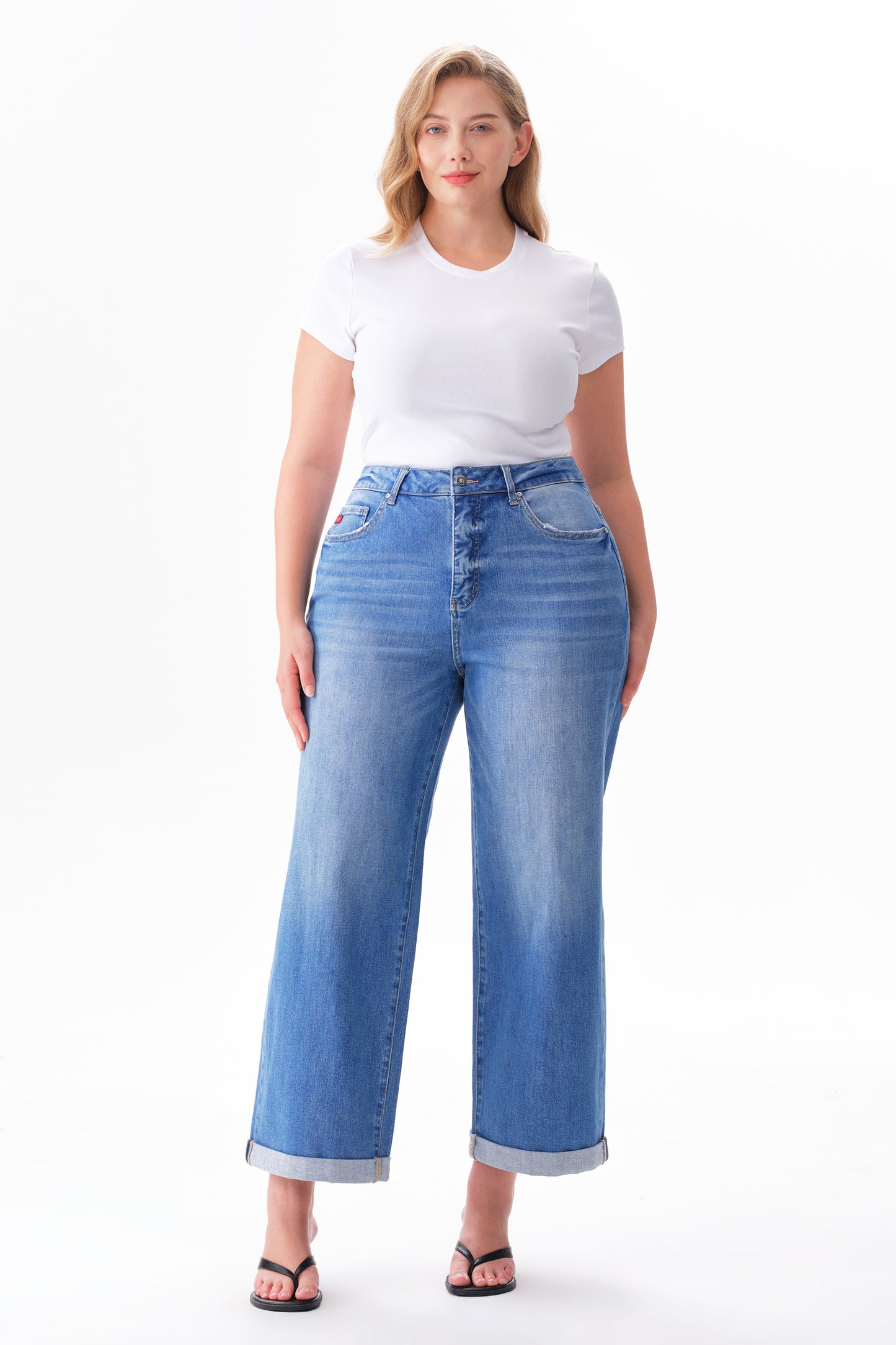 Plus Mid High Rise Cuffed Wide Leg Ankle Jeans ESFW620808-P