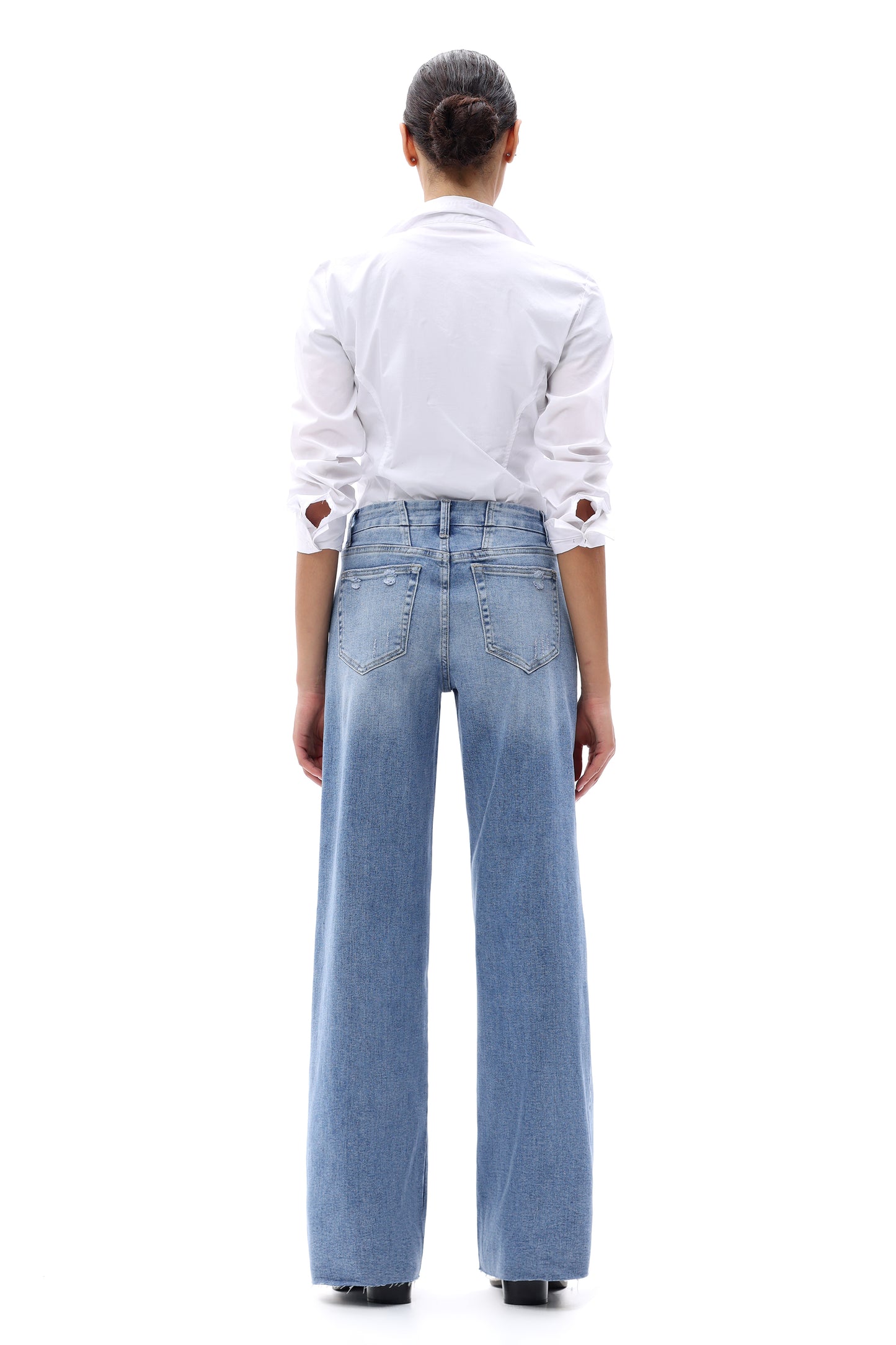 Mid Rise Wide Leg Jeans Raw Hem Vintage Denim OSW8019