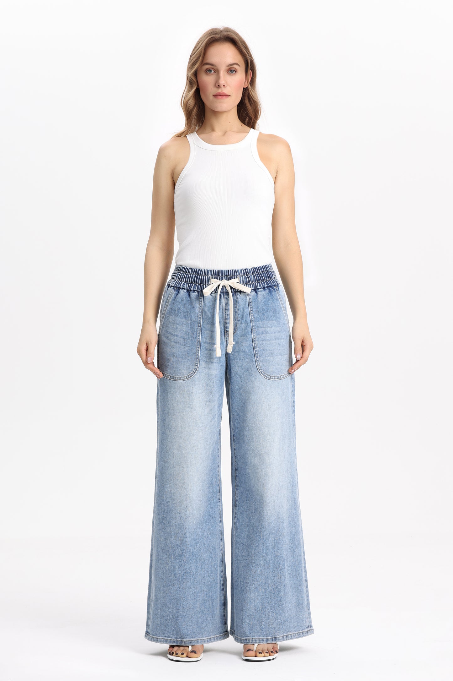 High Rise Drawstring Wide Leg Denim Jeans OSGG001