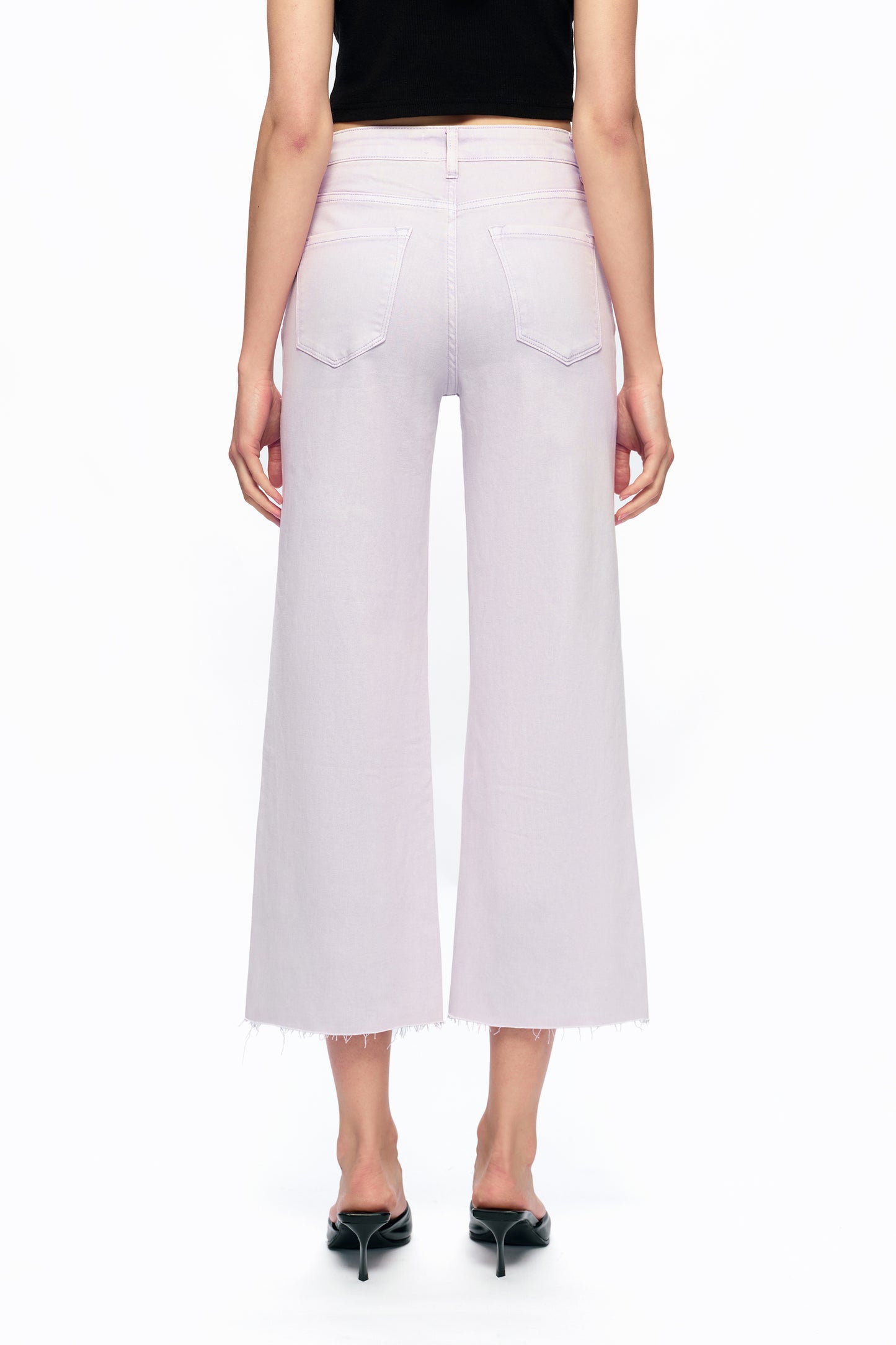 Cropped High Rise Wide Leg Jeans with Button-Fly Raw Hem OSN003
