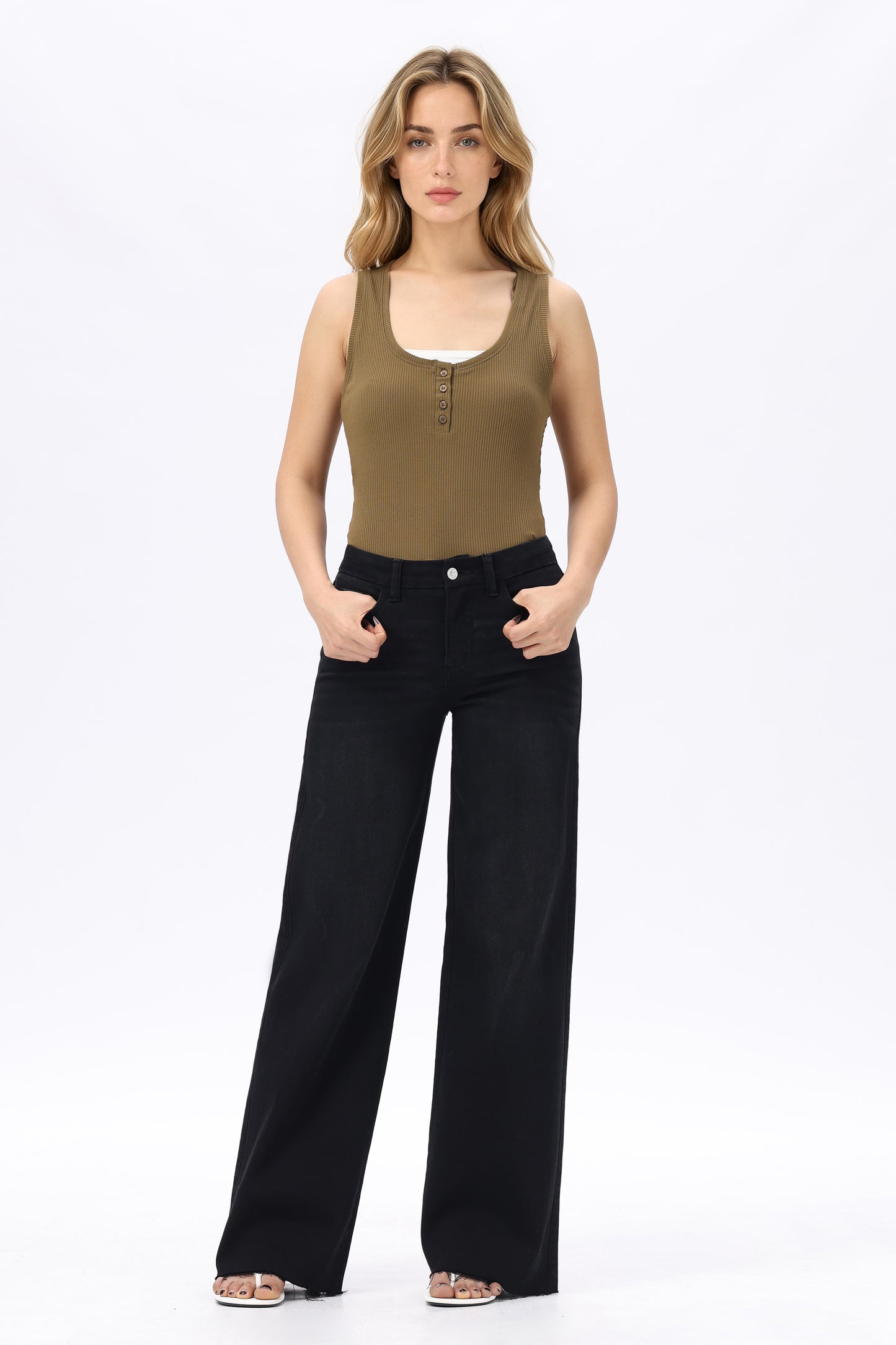 Mid Rise Wide Leg Jeans Raw Hem Vintage Denim OSW8019
