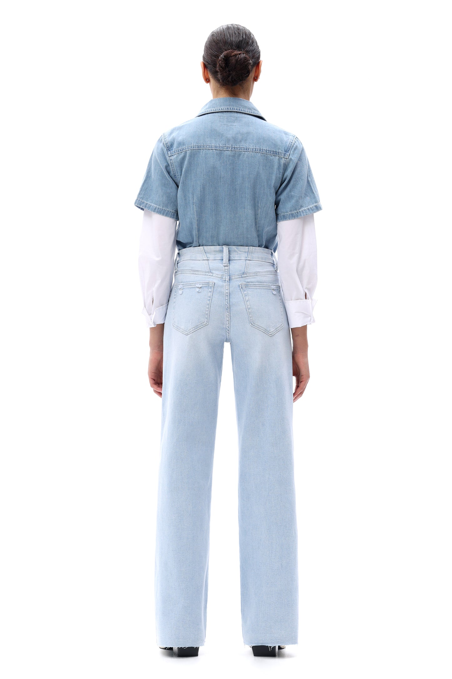 Mid Rise Wide Leg Jeans Raw Hem Vintage Denim OSW8019