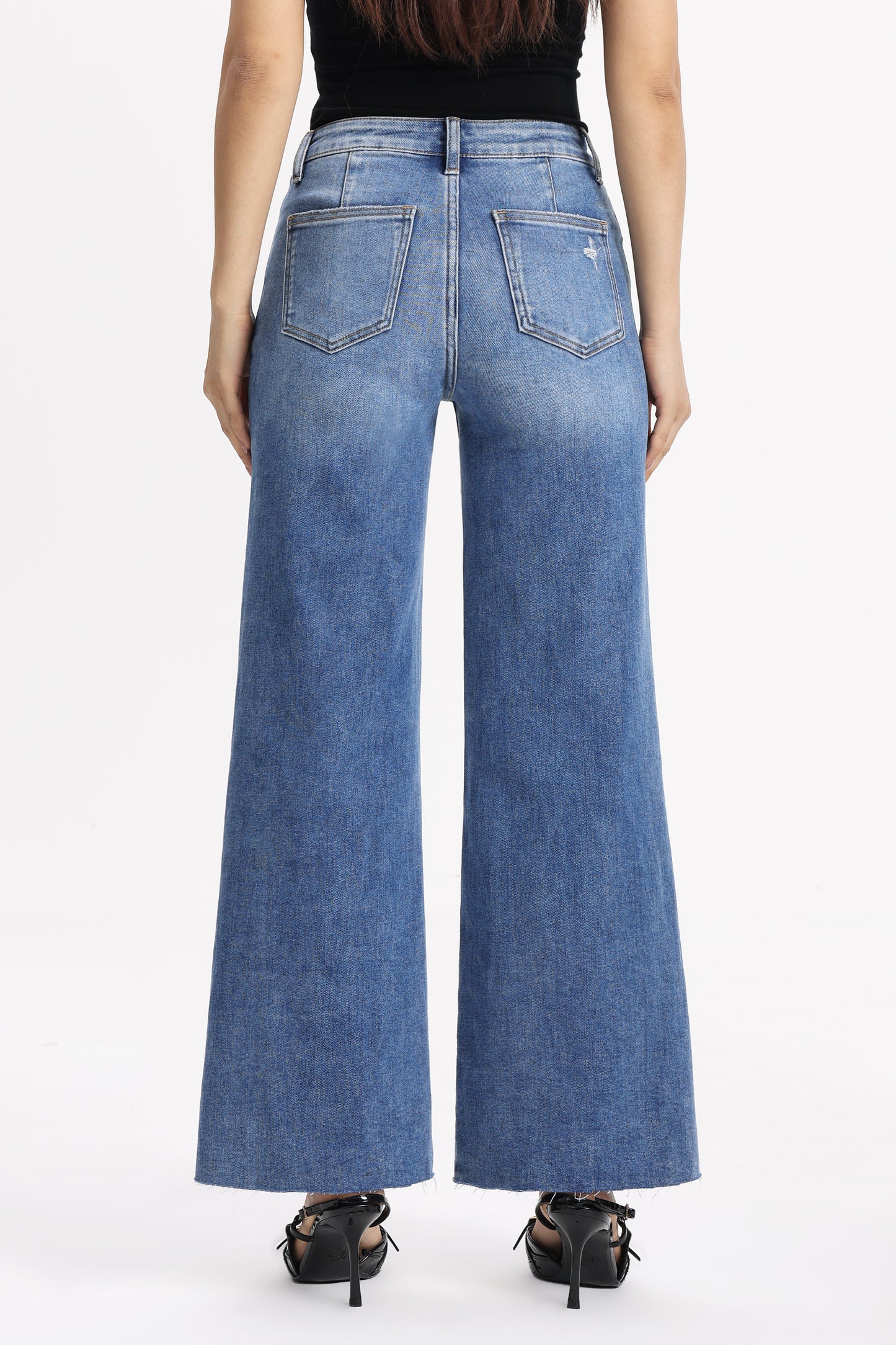 Distressed Mid Rise Wide Leg Denim Jeans OSW8028EC