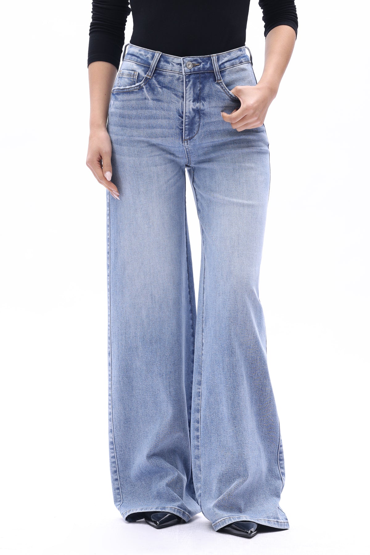 Plus Size Mid High Rise Flared Wide Leg Tall Jeans ESFW640827-P