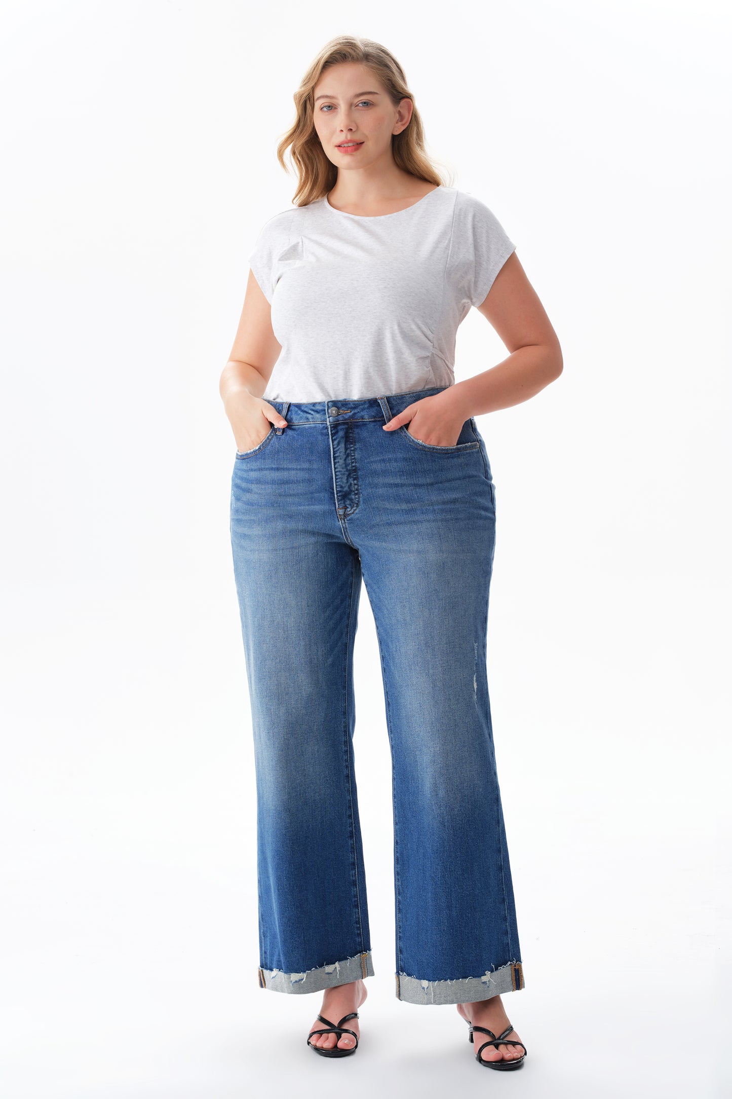 Plus Mid High Rise Cuffed Flared Wide Leg Ankle Jeans ESFW620803-P