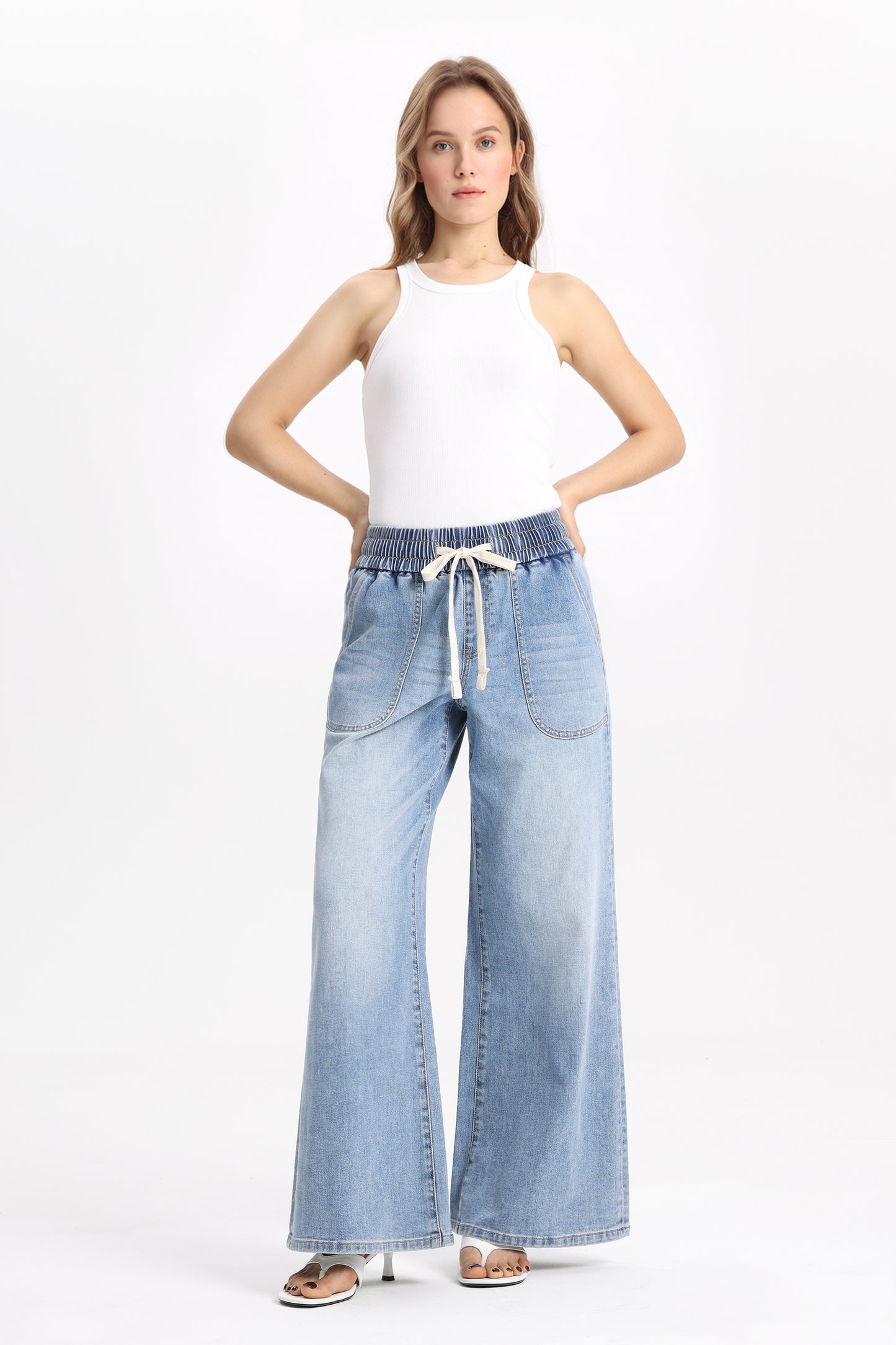 High Rise Drawstring Wide Leg Denim Jeans OSGG001
