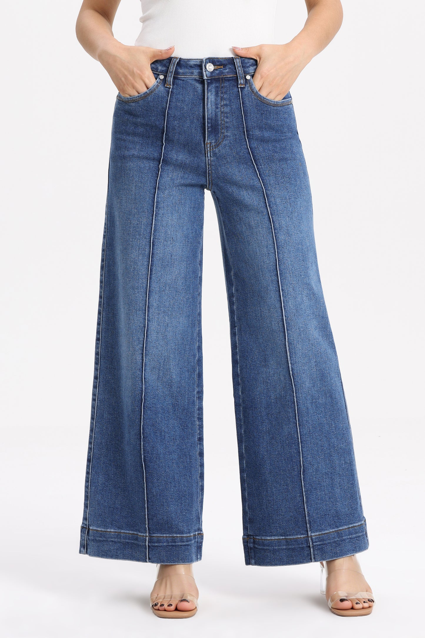 High Rise Wide Leg Denim Jeans with  Front Seams OSW8025EC