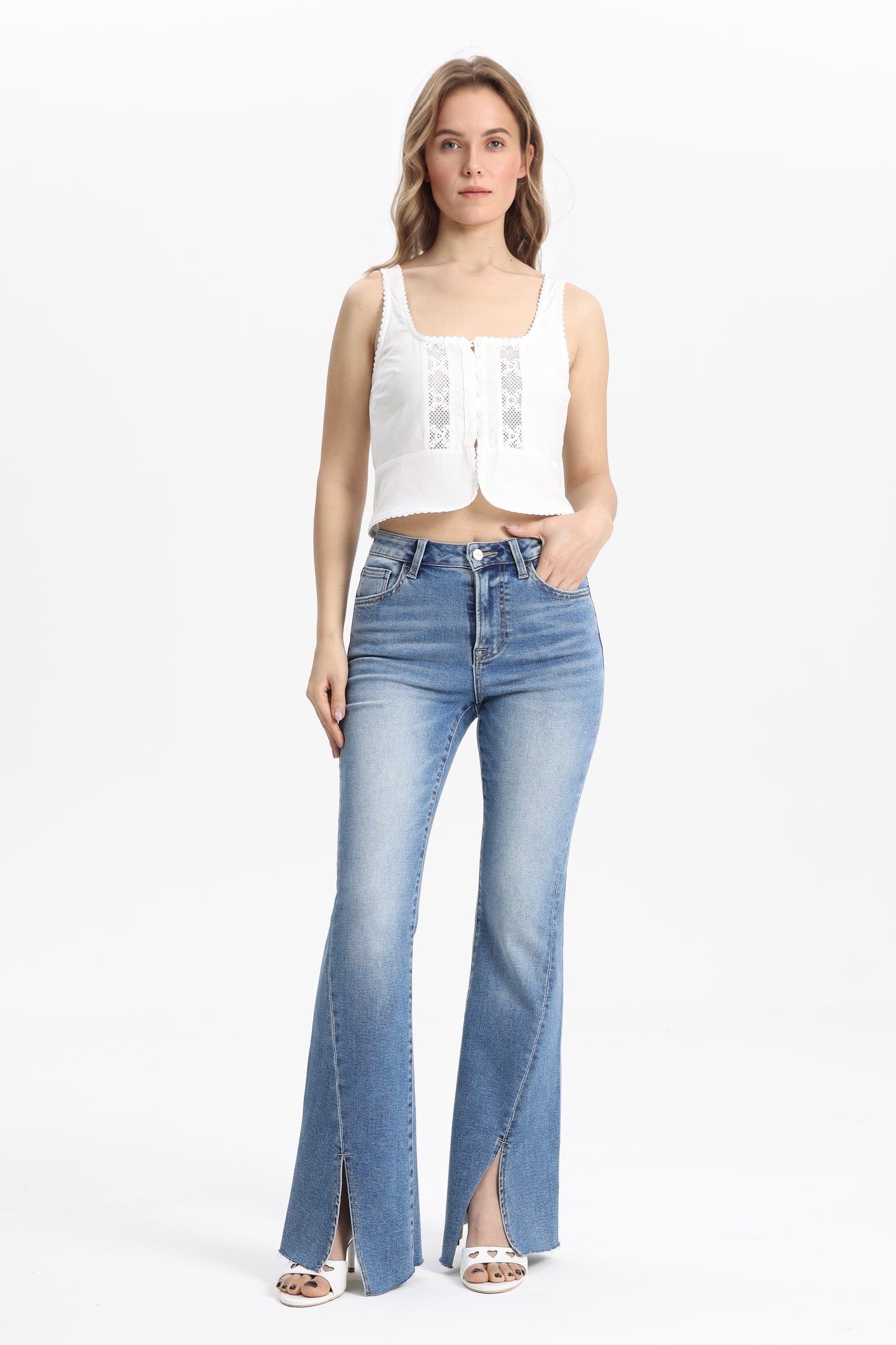 High Rise Flare Jeans with Split Raw-Edge Cuffs OSF1100