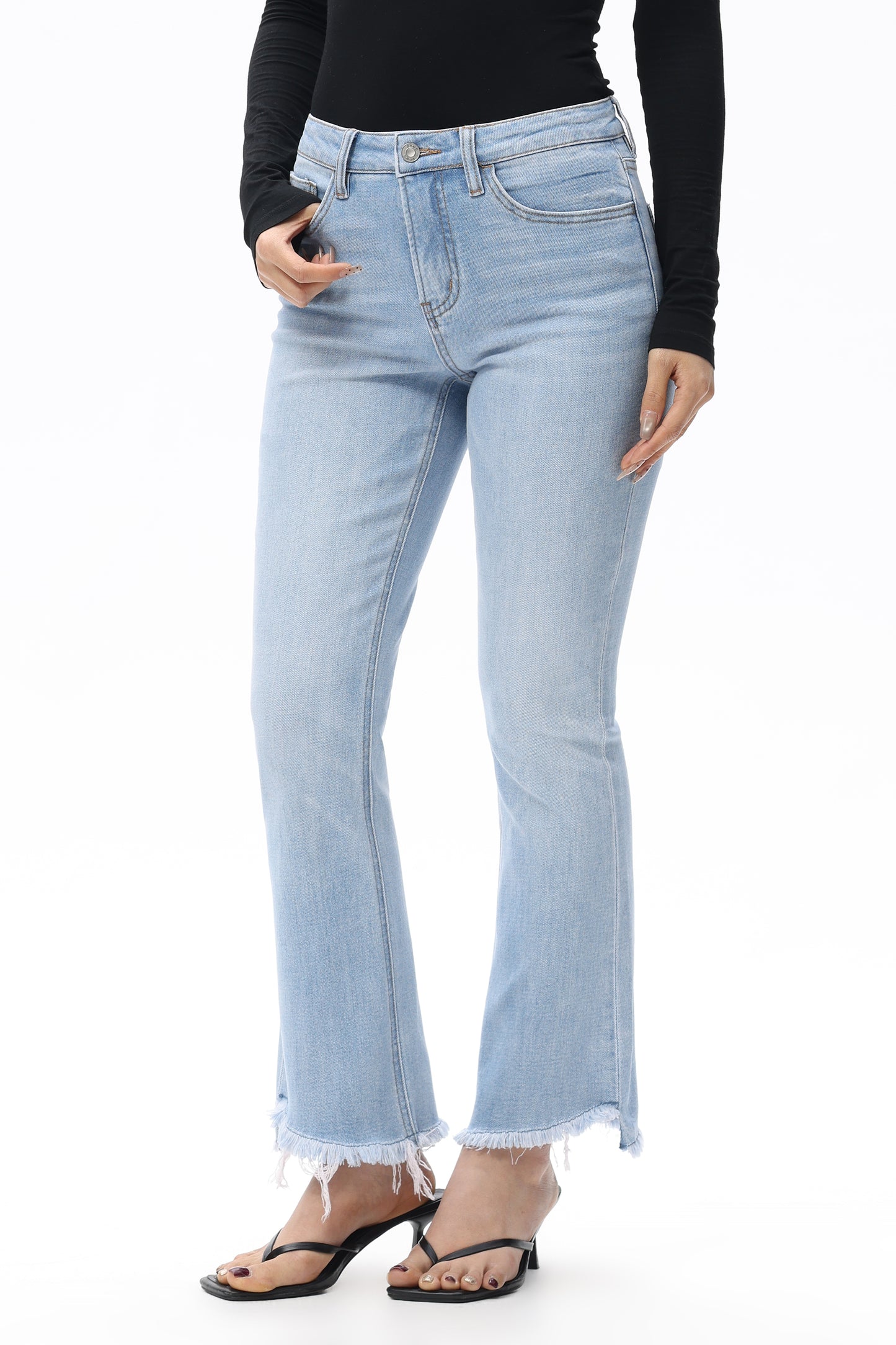 Mid Rise Raw Frayed Hem Ankle Bootcut Jeans OSF1142