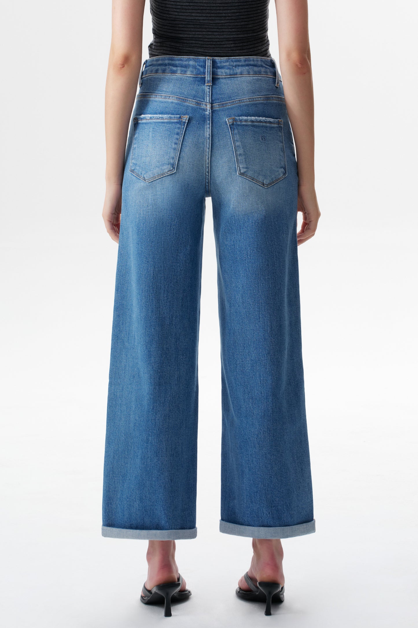 Mid High Rise Cuffed Wide Leg Ankle Jeans ESFW620808
