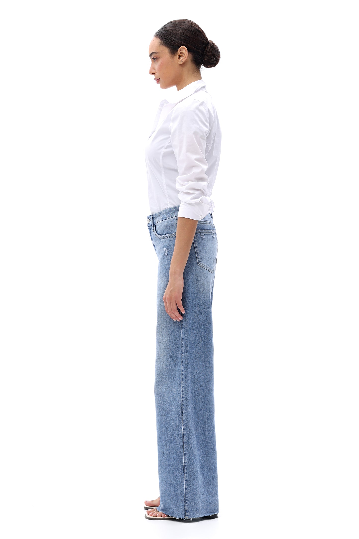 Mid Rise Wide Leg Jeans Raw Hem Vintage Denim OSW8019