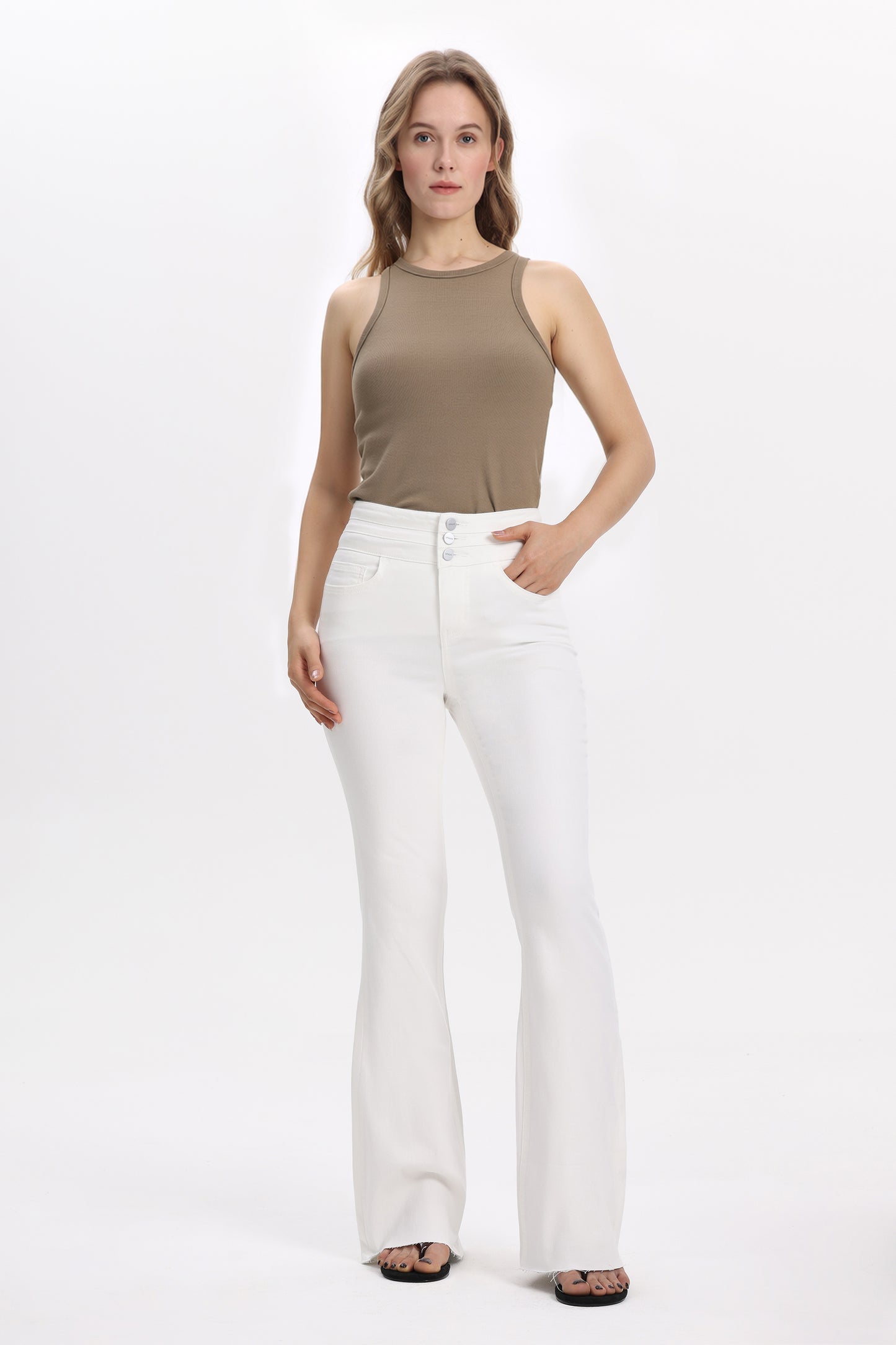 Button Fly High Waist Flare Bell Bottom Jeans OSF1078