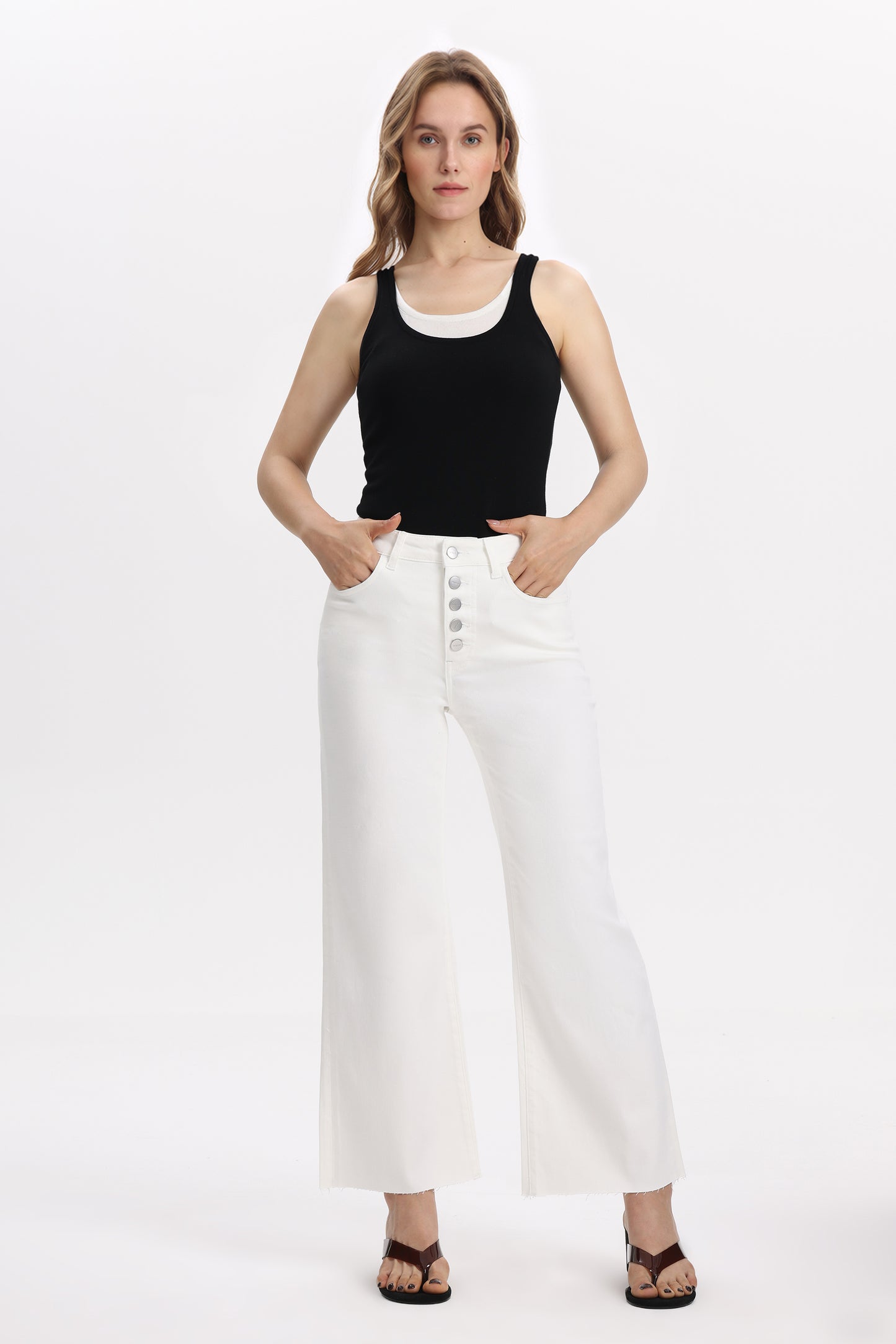 Cropped High Rise Wide Leg Jeans with Button-Fly Raw Hem OSN003